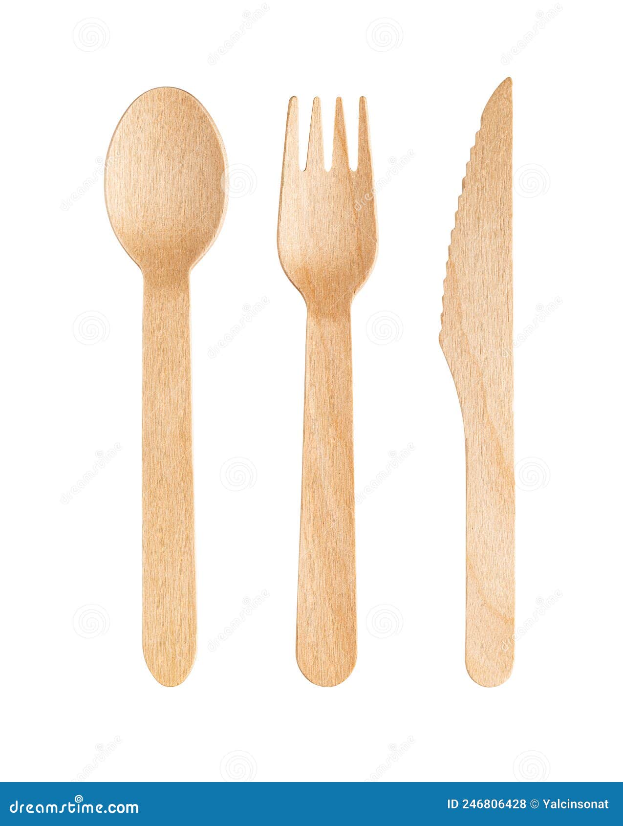 Disposable Wooden Cutlery on a White Background. Environmentally