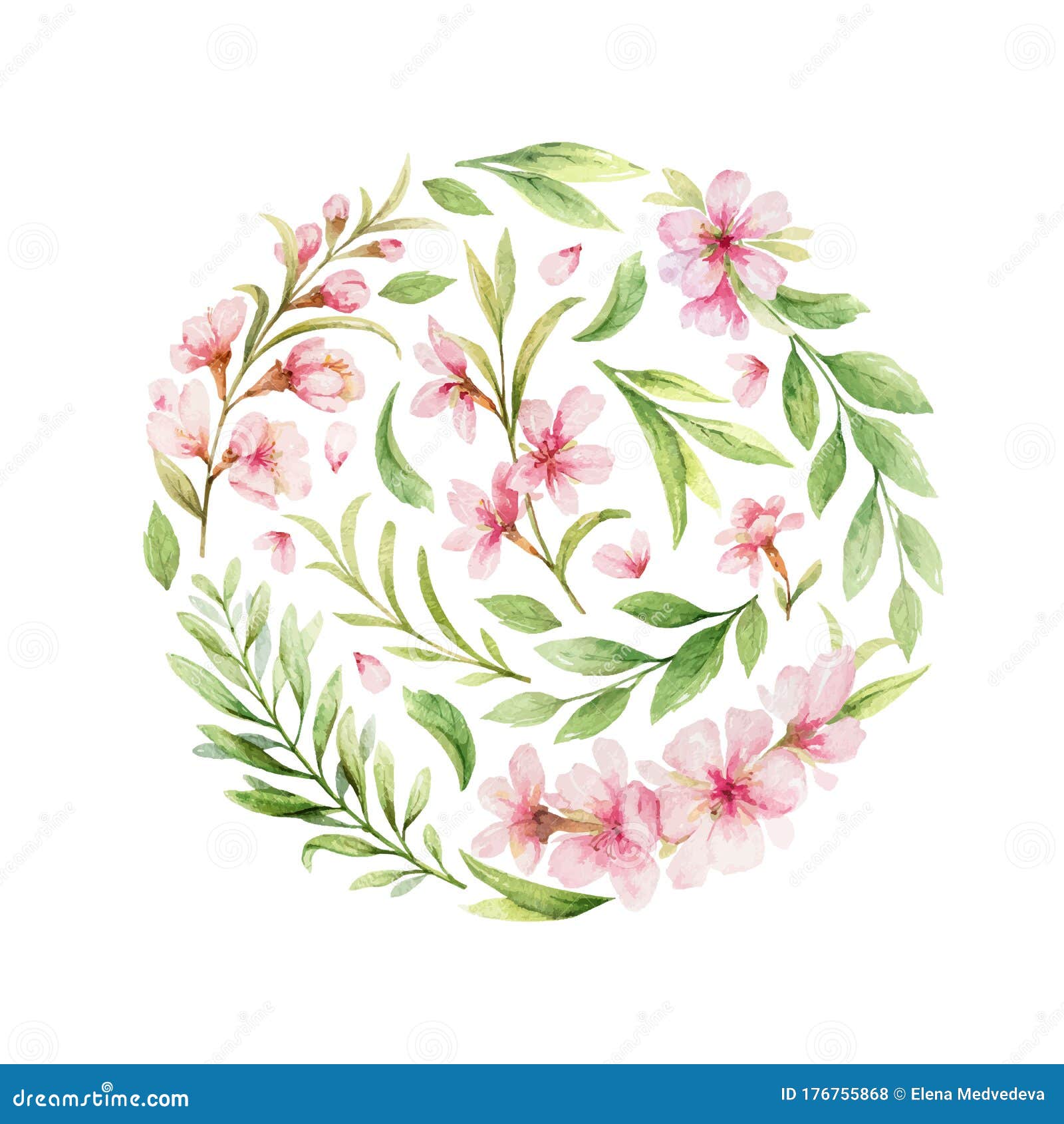 Disposición De Vectores De Acuarela De Flores Rosadas Y Hojas De Almendros.  Ilustración del Vector - Ilustración de pintado, saludo: 176755868