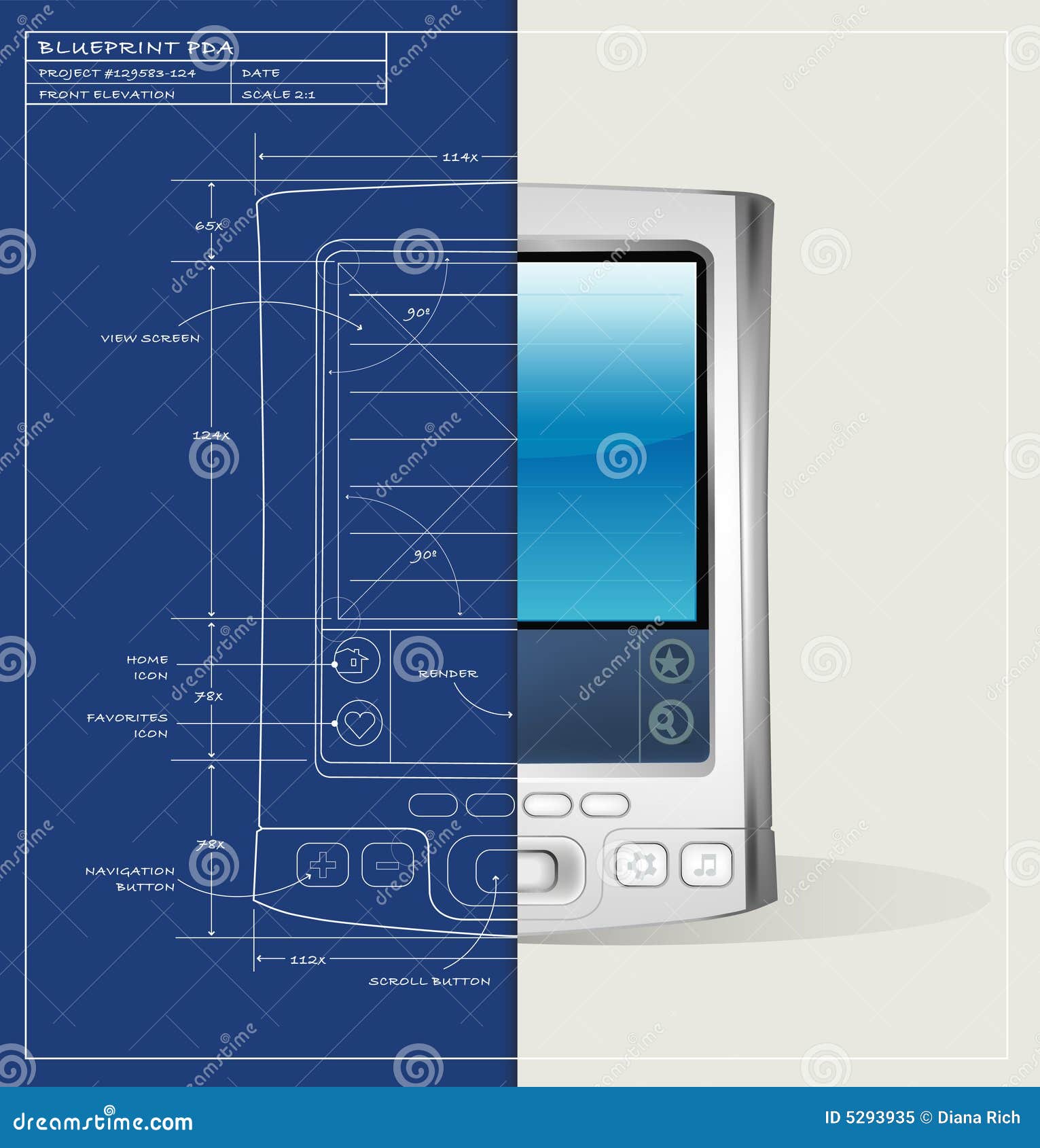Dispositif du modèle PDA. Illustration d'écran divisé du modèle PDA ; le rendu réaliste de PDA est sur la couche séparée et se termine.