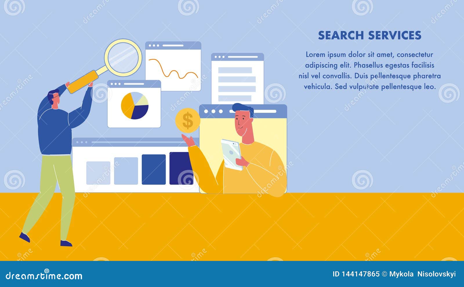 Disposition de bannière de Web de services de recherche avec l'espace des textes Affiche de Seo Homme avec la loupe Métrique de SMM Résultat de moteur de recherche L'Internet, site Web pagine Caractère avec la Tablette et la pièce de monnaie analytics