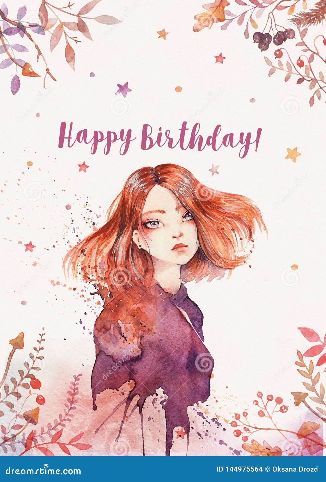 Disposition De Carte Postale De Salutation D Aquarelle Avec La Fille De Gingembre De Boho Carte Postale De Joyeux Anniversaire Illustration Stock Illustration Du Fille Aquarelle