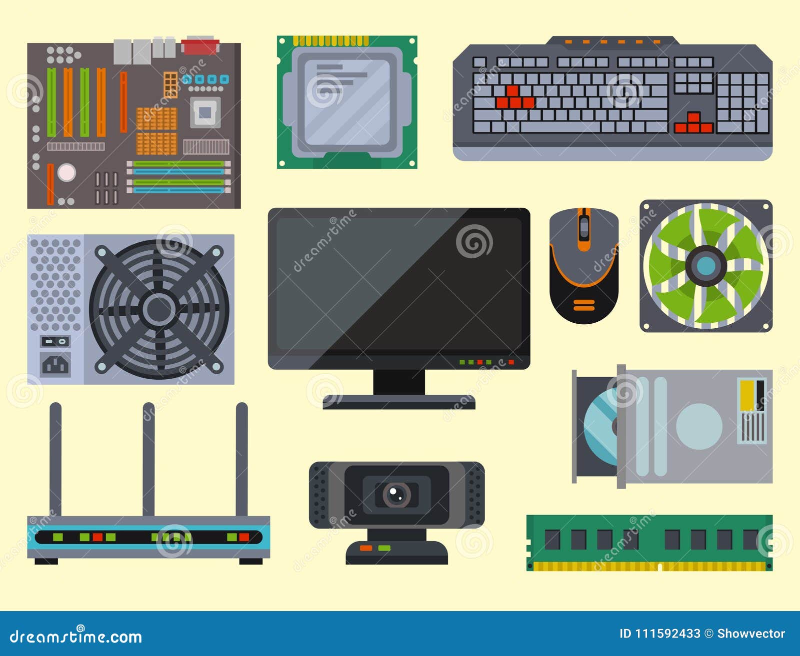 Dispositivos De La Electrónica De Los Accesorios Componentes De La Red De  Las Piezas Del Ordenador Los Diversos Y Procesador Del Ilustración del  Vector - Ilustración de refrigerador, conjunto: 111592433