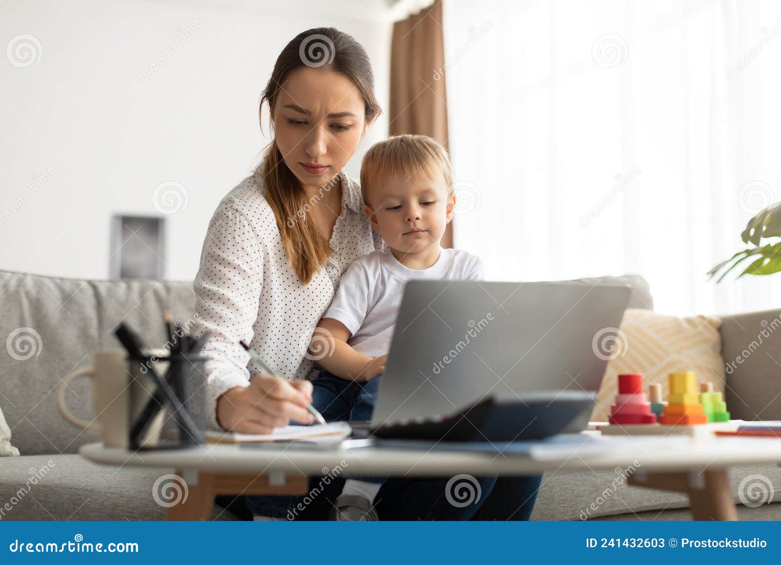 Distance Learning. Young Lady with Child Studying Online, Watching