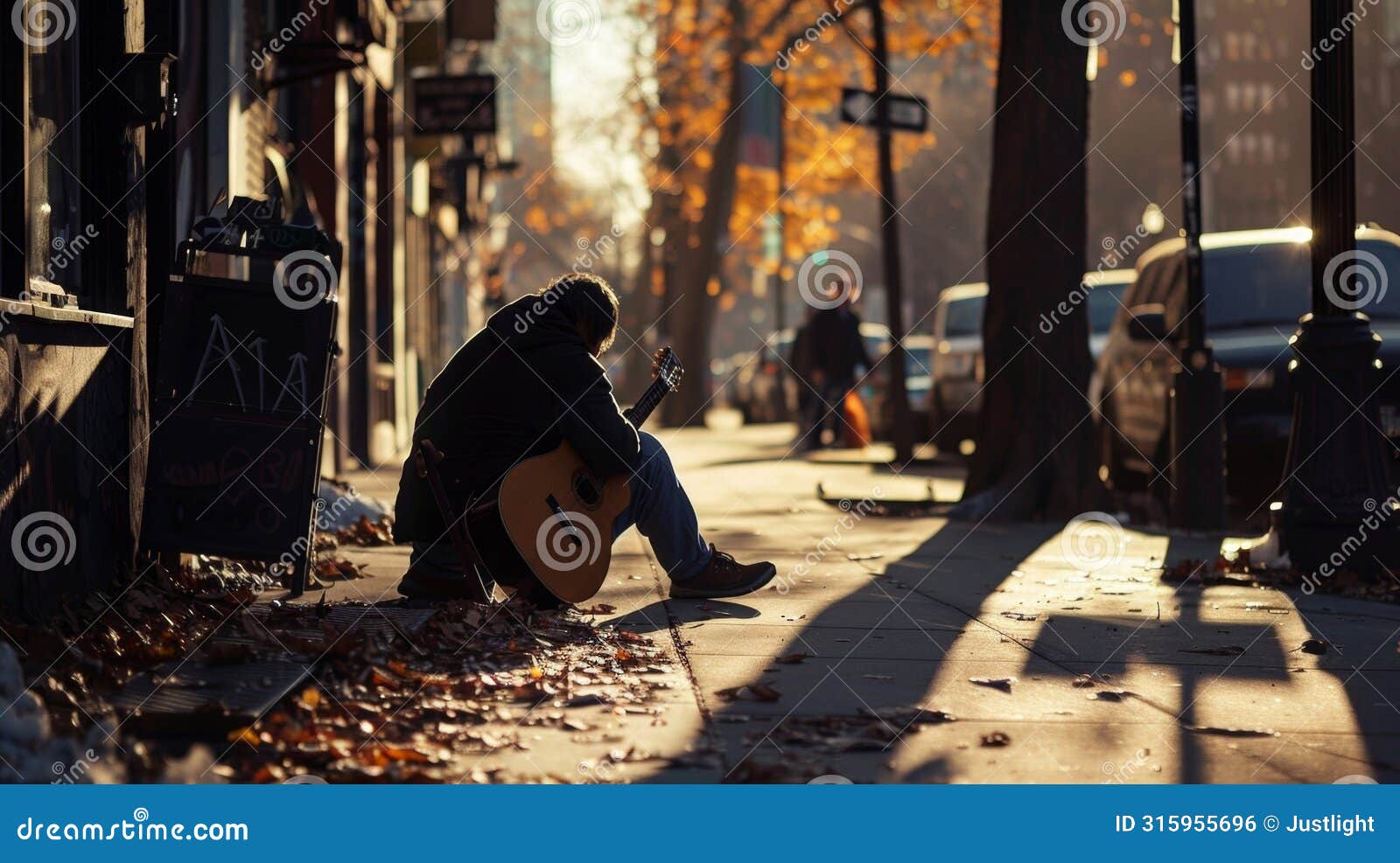 in the distance a street musician sits on the sidewalk serenading passersby with guitar. face is obscured by the shadows