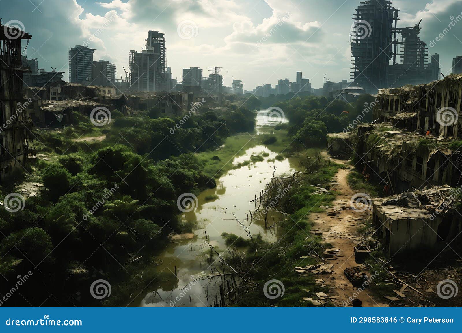 desolate dystopia: the ruins of a once thriving city in a distan