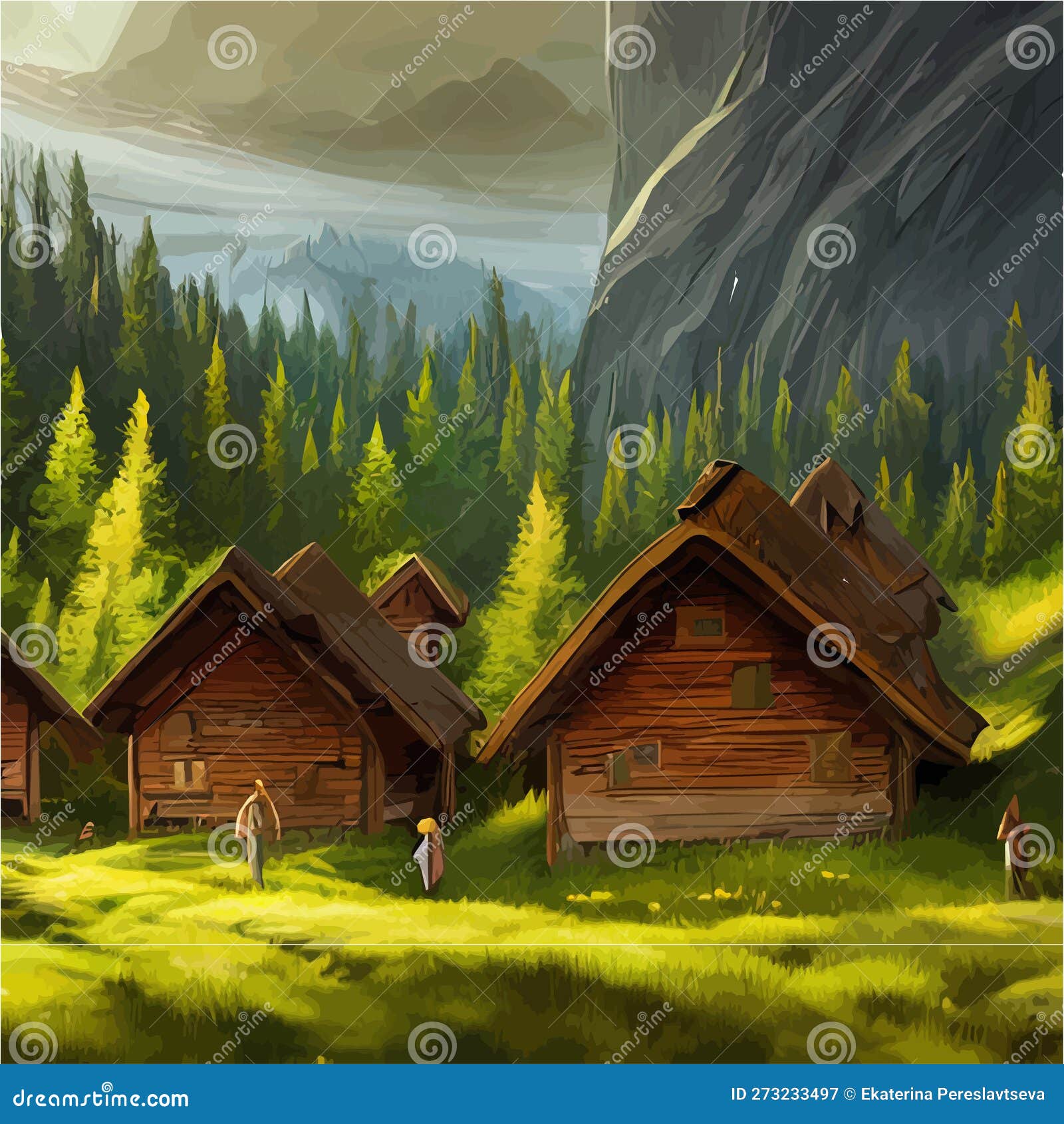 Distant Houses in Lush Green Meadows with Mountains and Forest ...