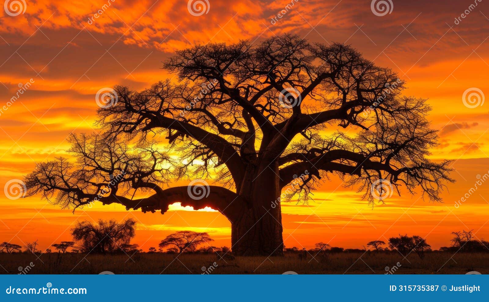 the distant silhouette of a majestic baobab tree against the vibrant orange sky serves as the perfect backdrop for a