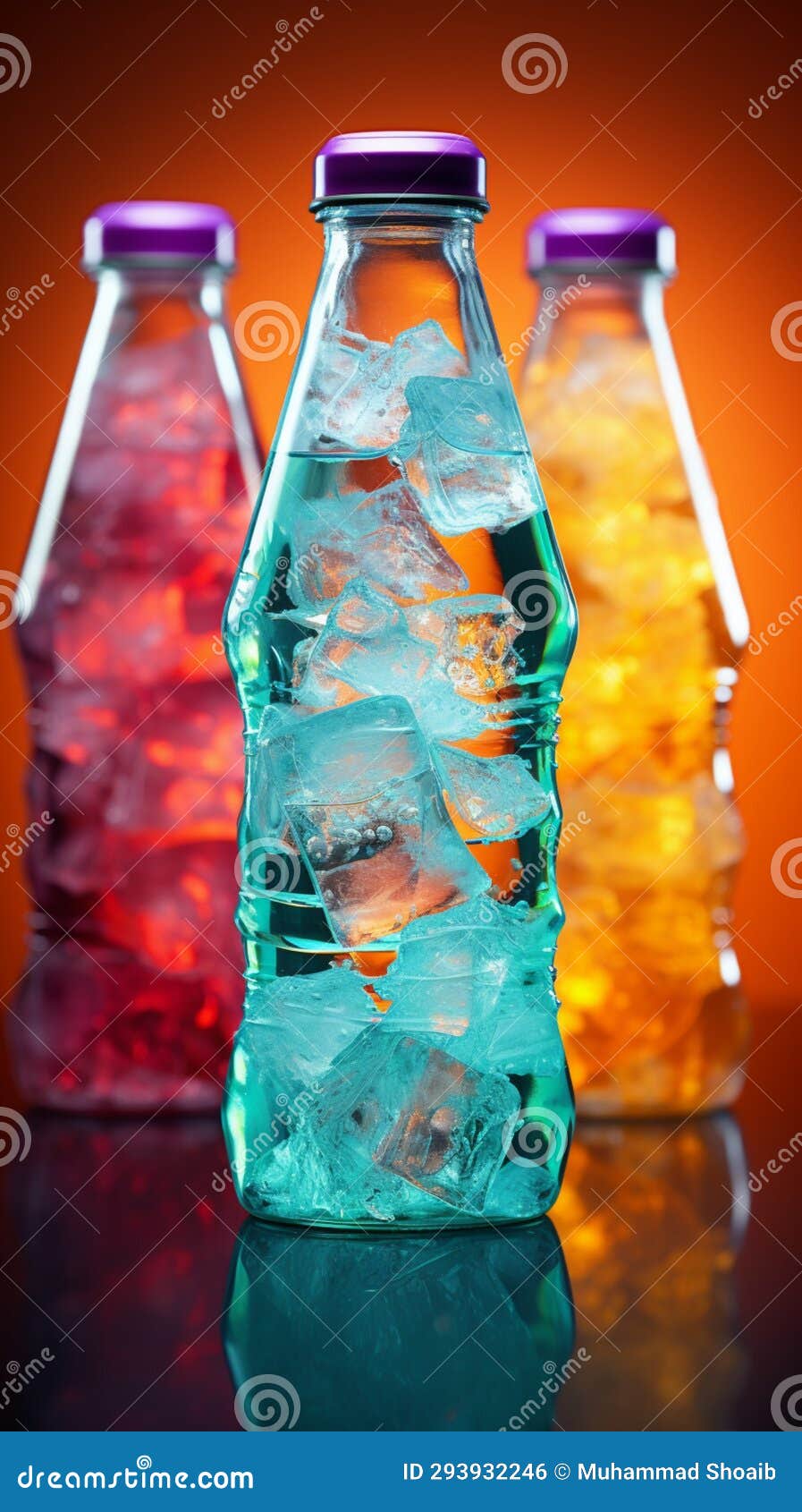 a distinctive plastic soda or mineral bottle, with irregular , against a colorful studio background