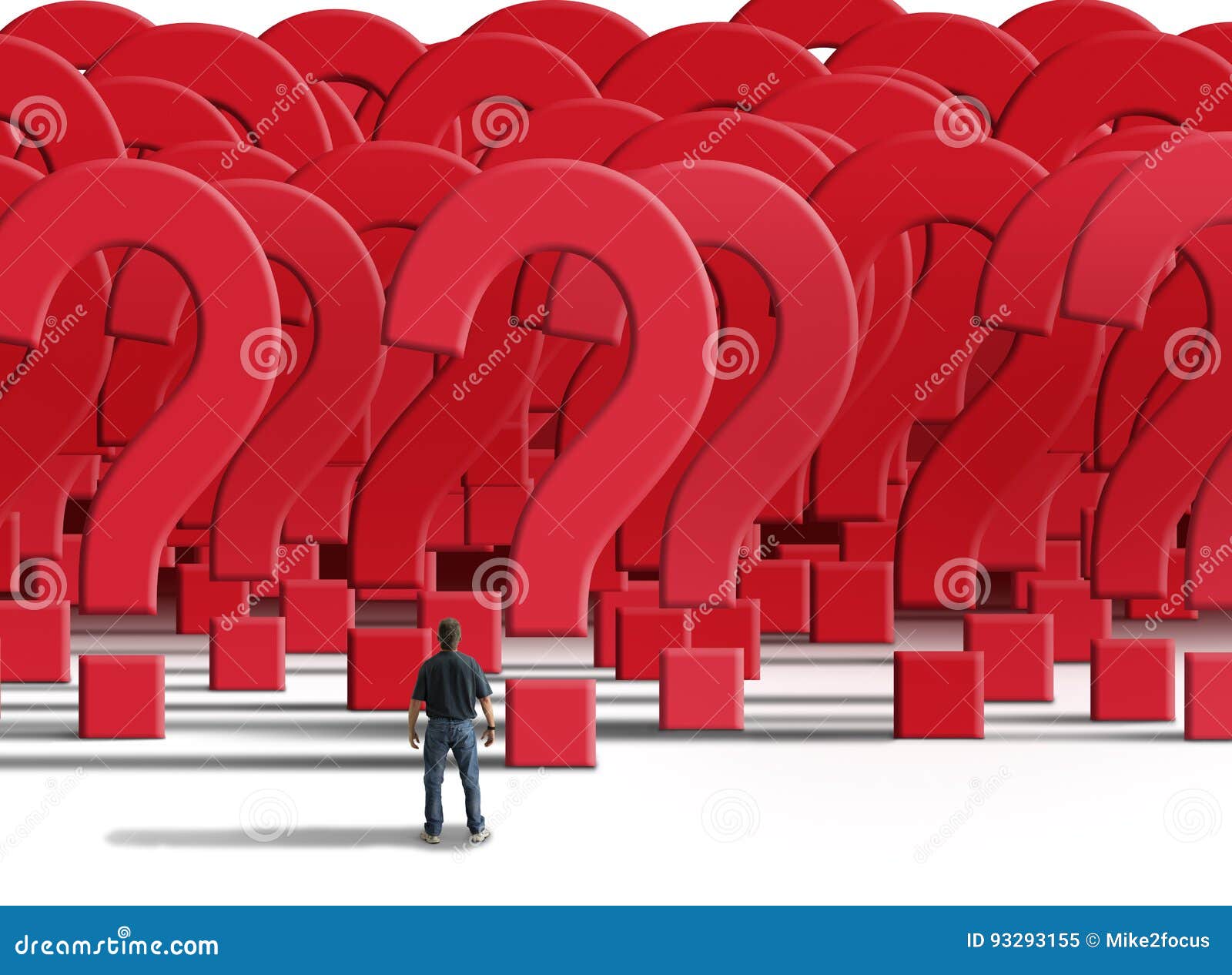 distraught man standing in front of a wall of question marks