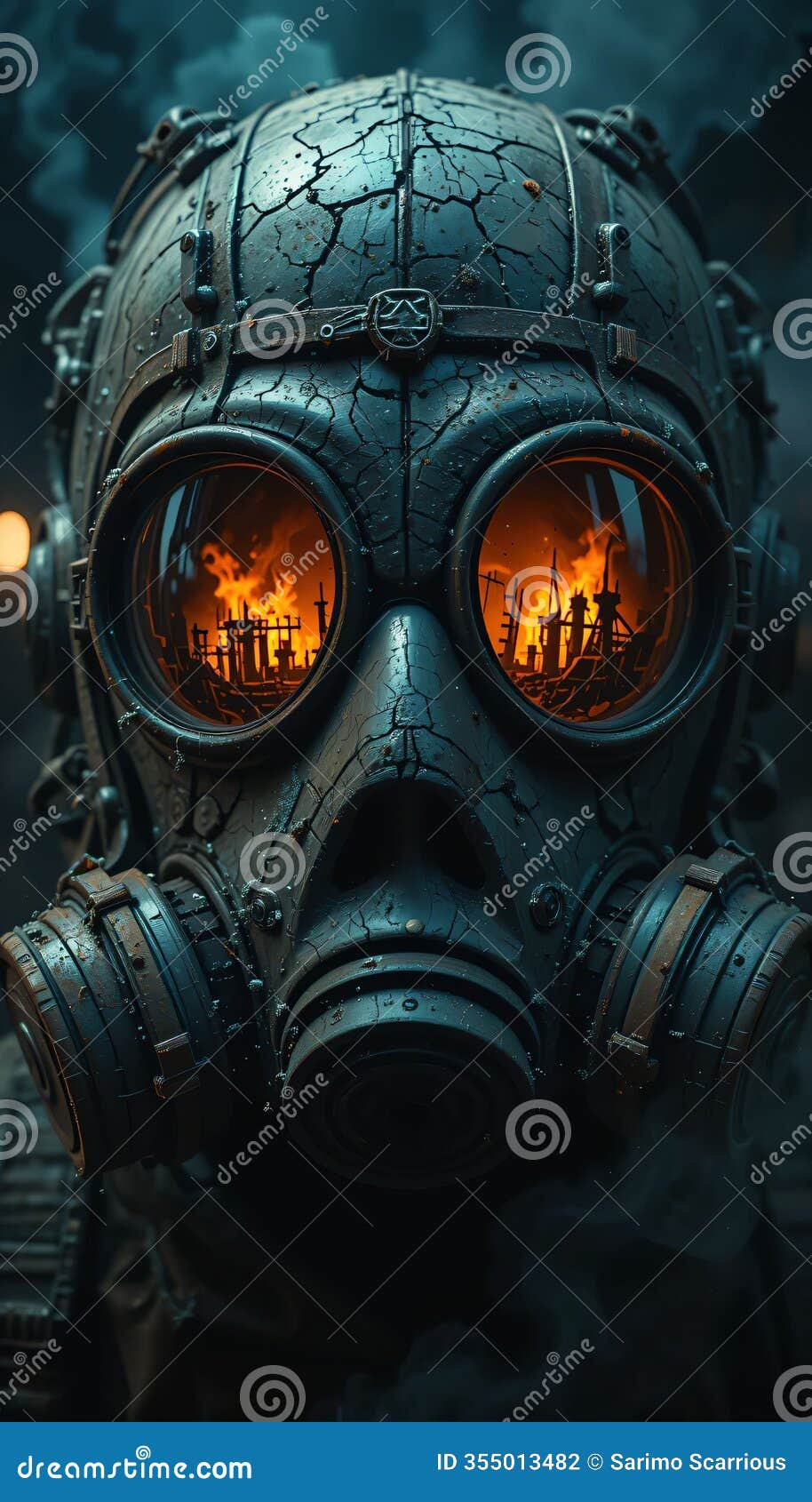 stylized gas mask with fiery background
