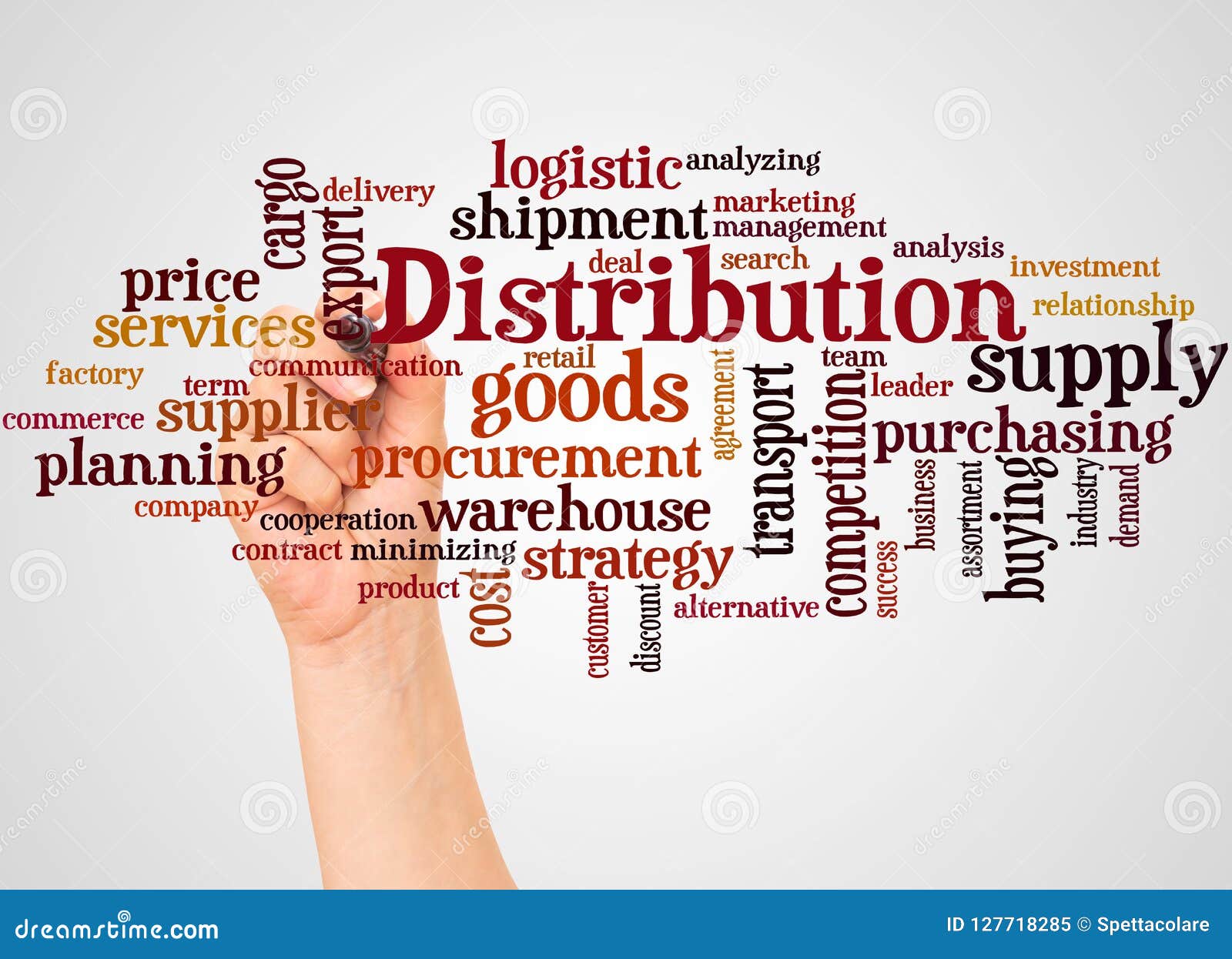 Distribution Word Cloud and Hand with Marker Concept Stock Illustration