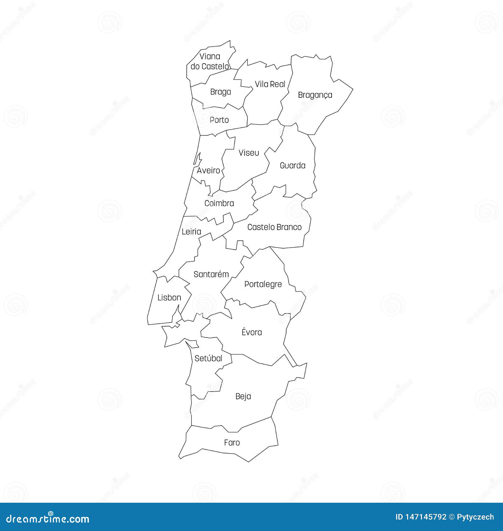 Districts of Portugal. Map of Regional Country Administrative