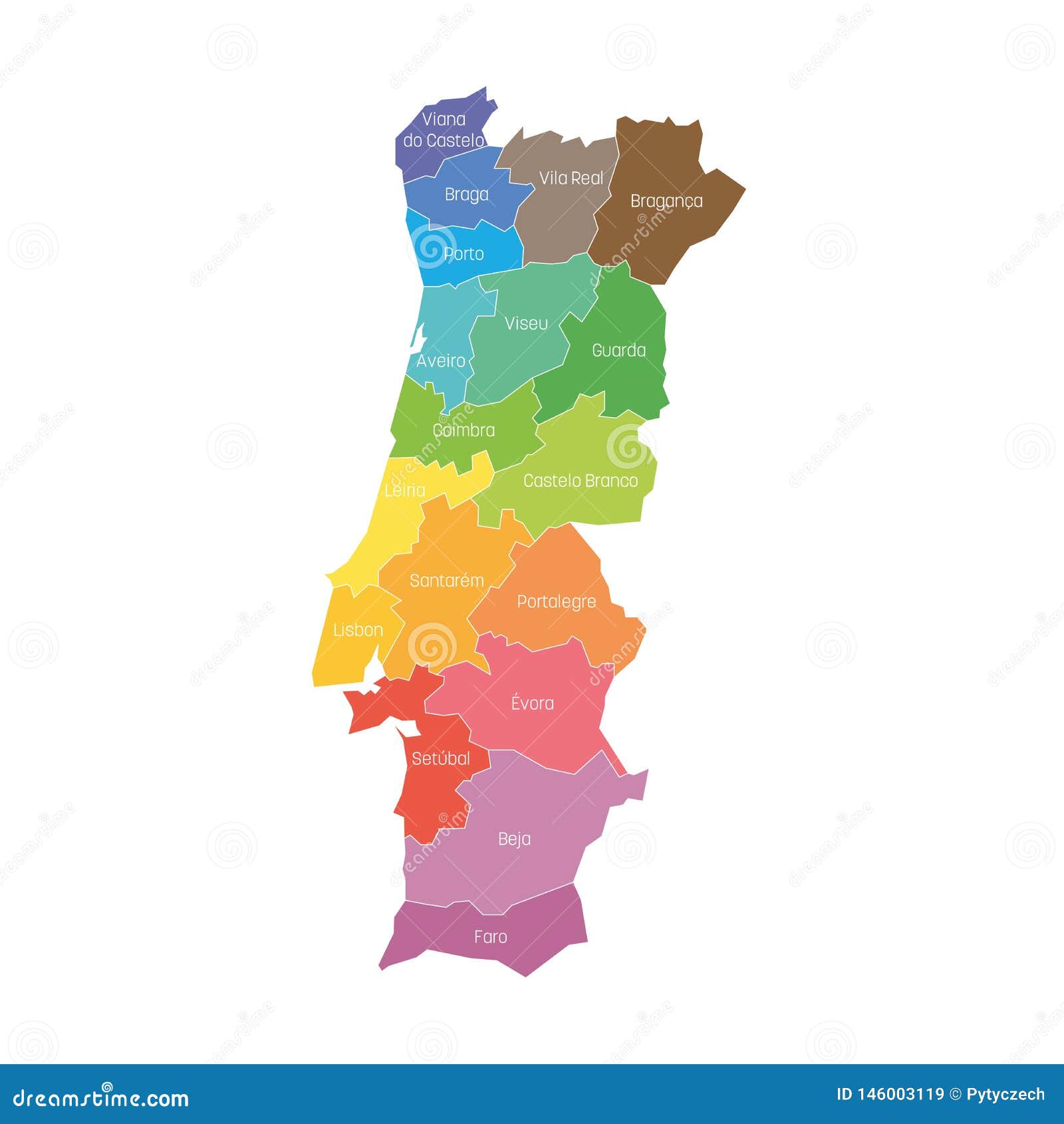 Districts of Portugal. Map of Regional Country Administrative