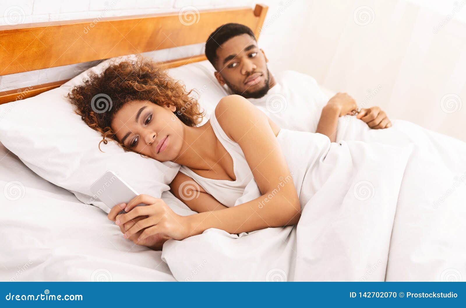 Woman Chatting With Lover On Cellphone In Bed Stock Photo Image Of