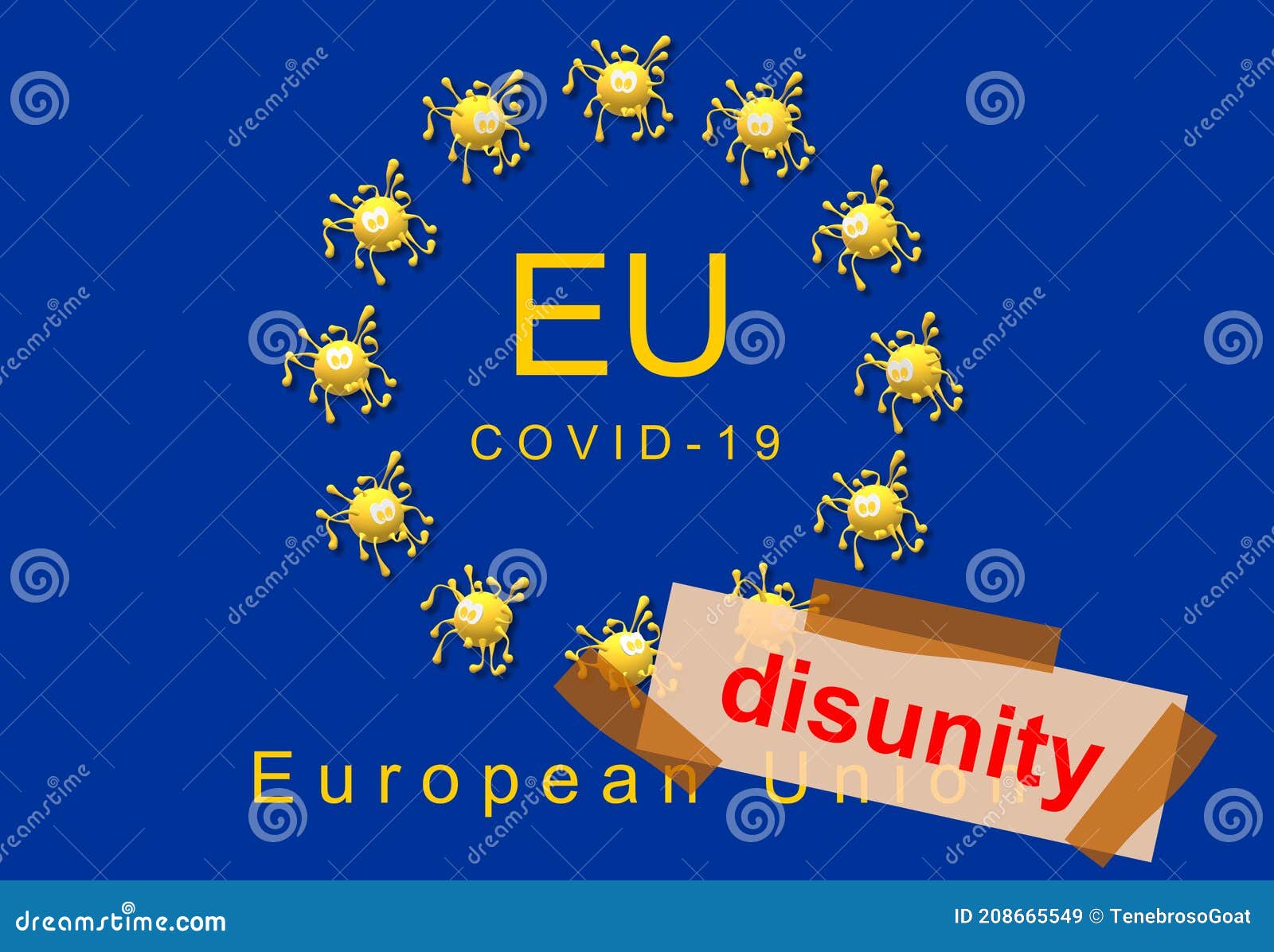disunity  advertisement with gummed paper tape. eu   official colors of the flag. cartoon. pandemic covid-19.