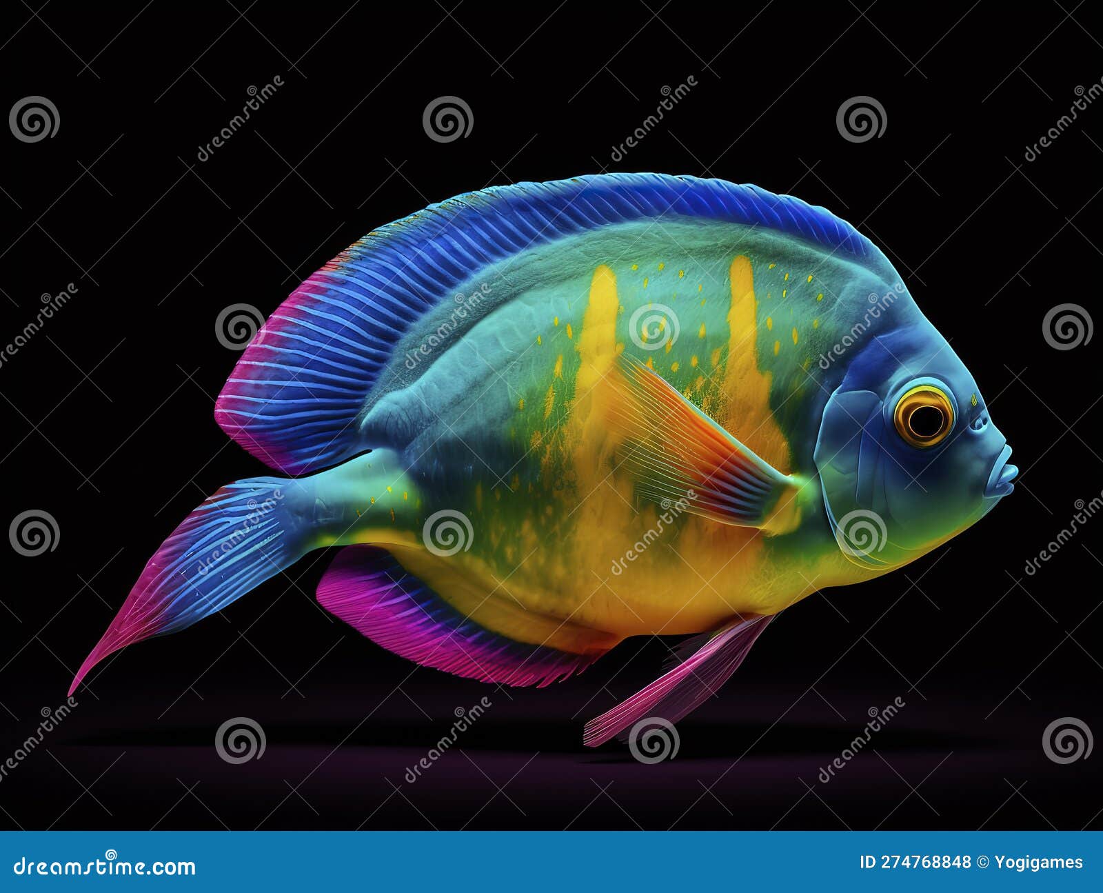 vibrant ai-generated underwater art with hyper-realistic sci-fi style, realistic fish portraits, saturated colors, light crimson &