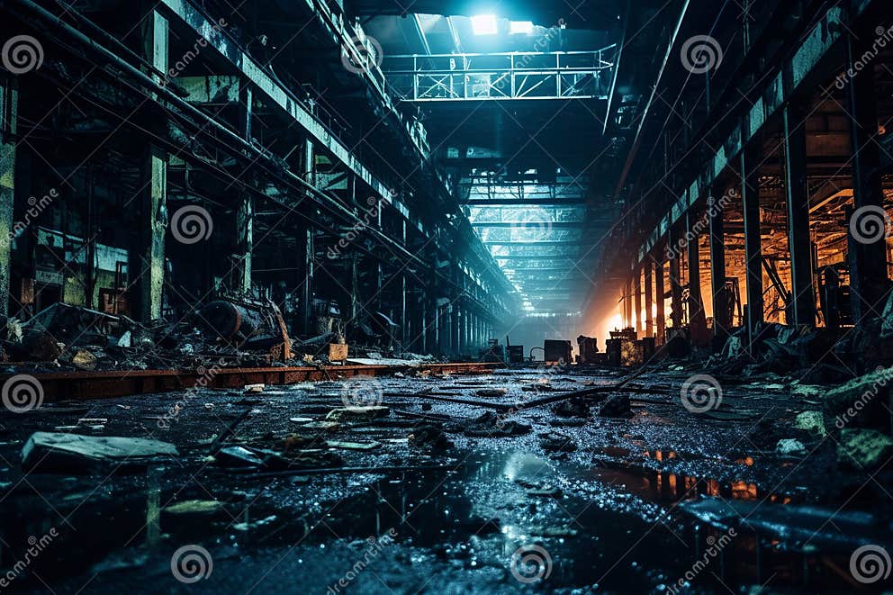 Eerie Resonance: Moonlit Ruins of a Forsaken Industrial Factory Stock 