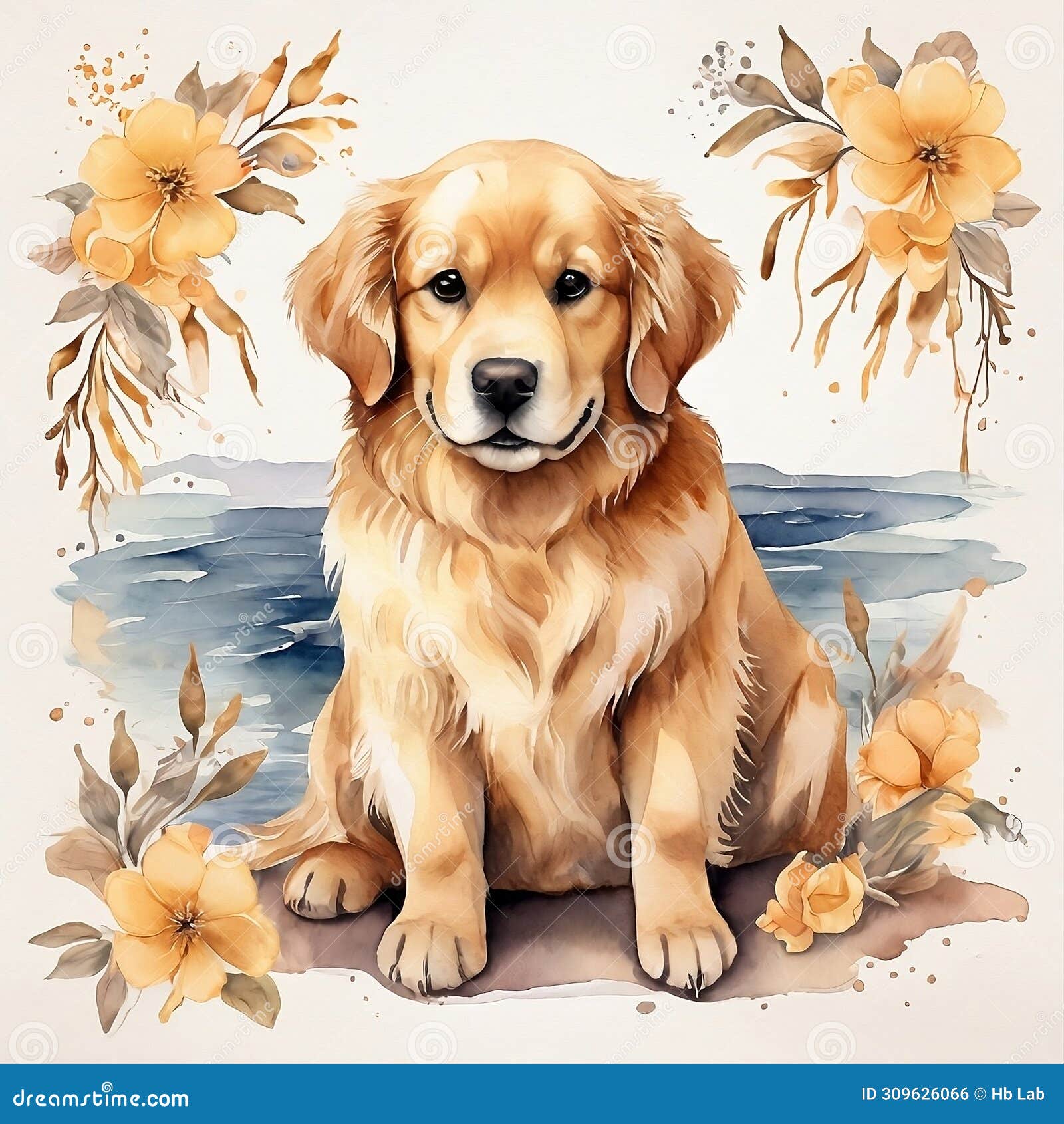 watercolor golden retriever clipart with orange flowers and water, aquarela, colorfully. ai generative