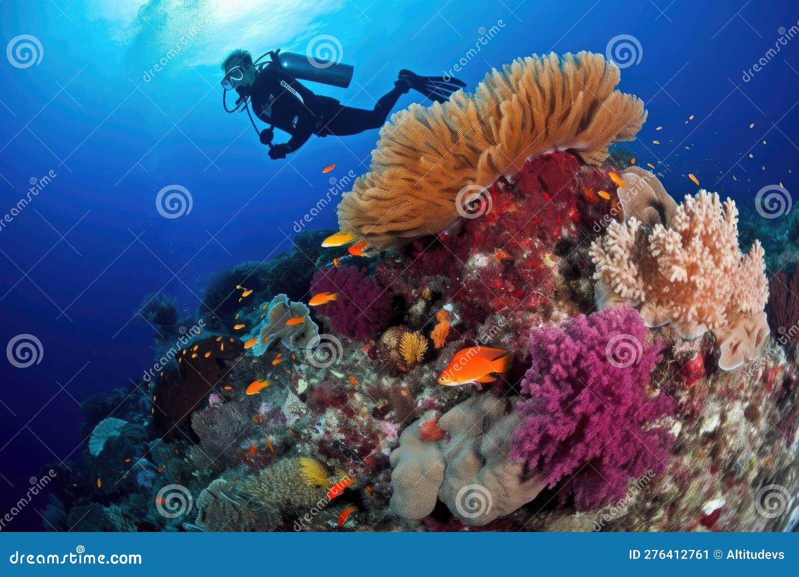 Diver, Documenting the Variety of Marine Life in a Vibrant Coral Reef ...