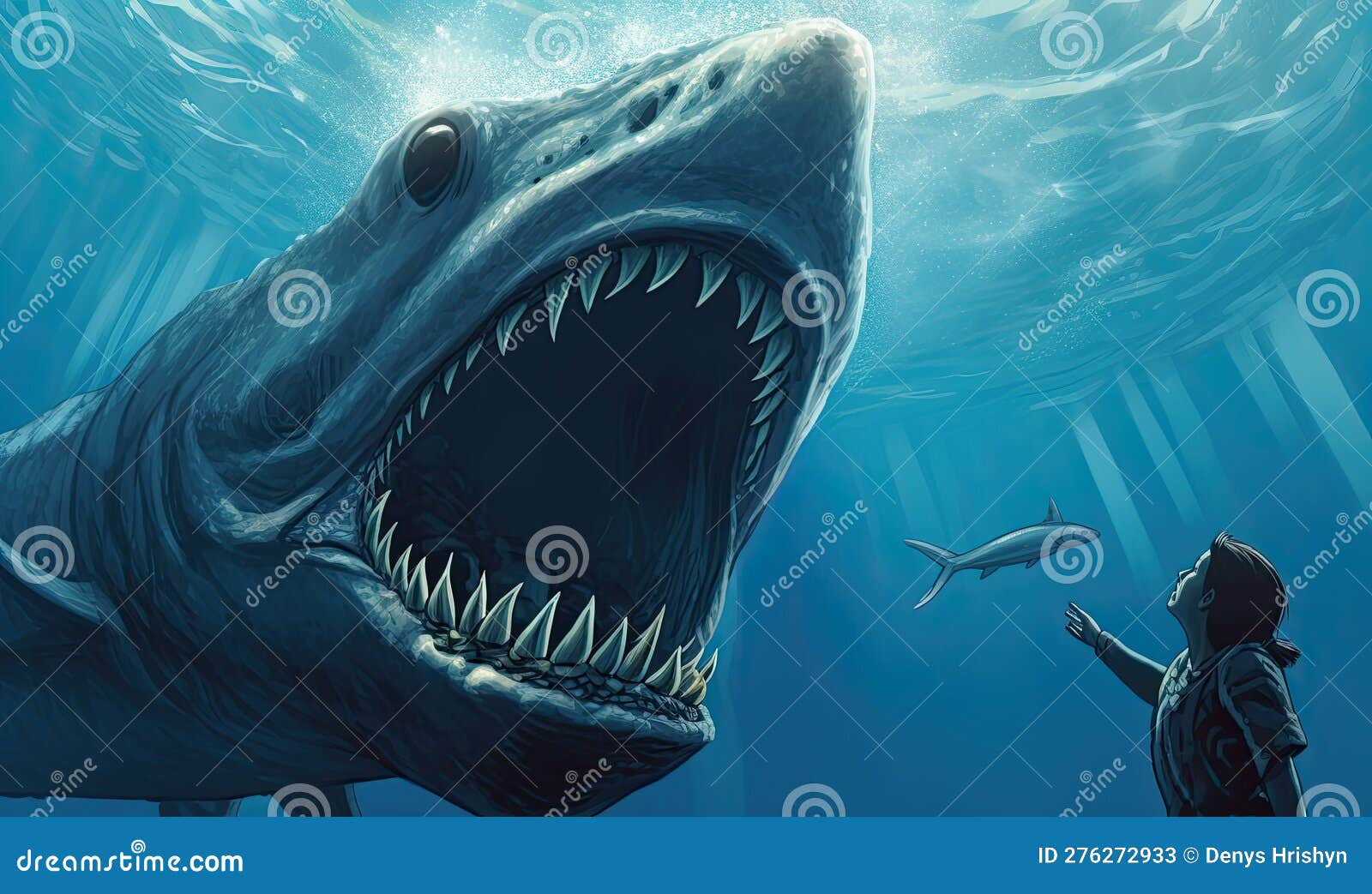 Diver Meets Dangerous Shark Underwater Creating Using Generative AI