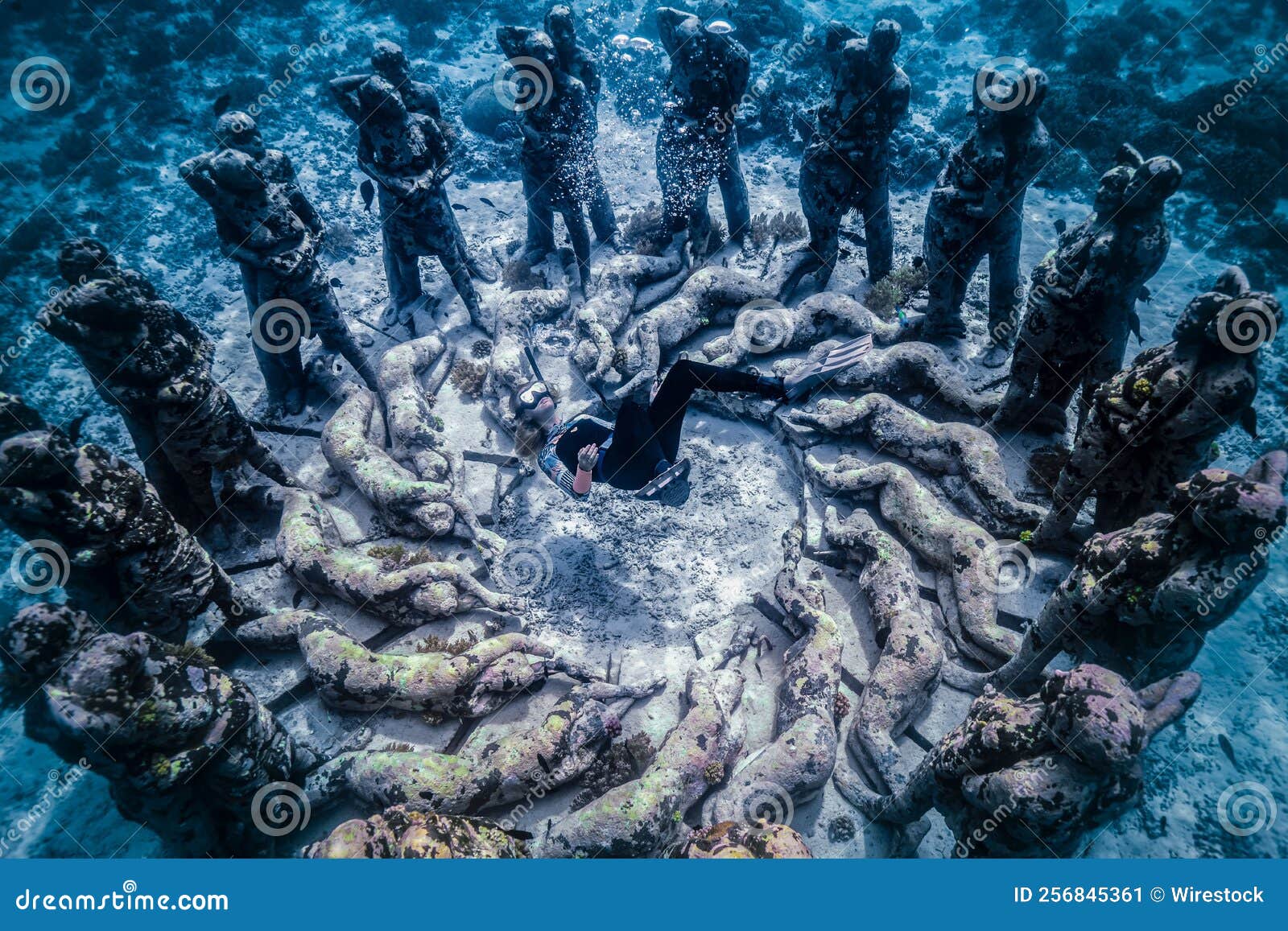 Diver in the Middle of a Statue Underwater Stock Image Image of