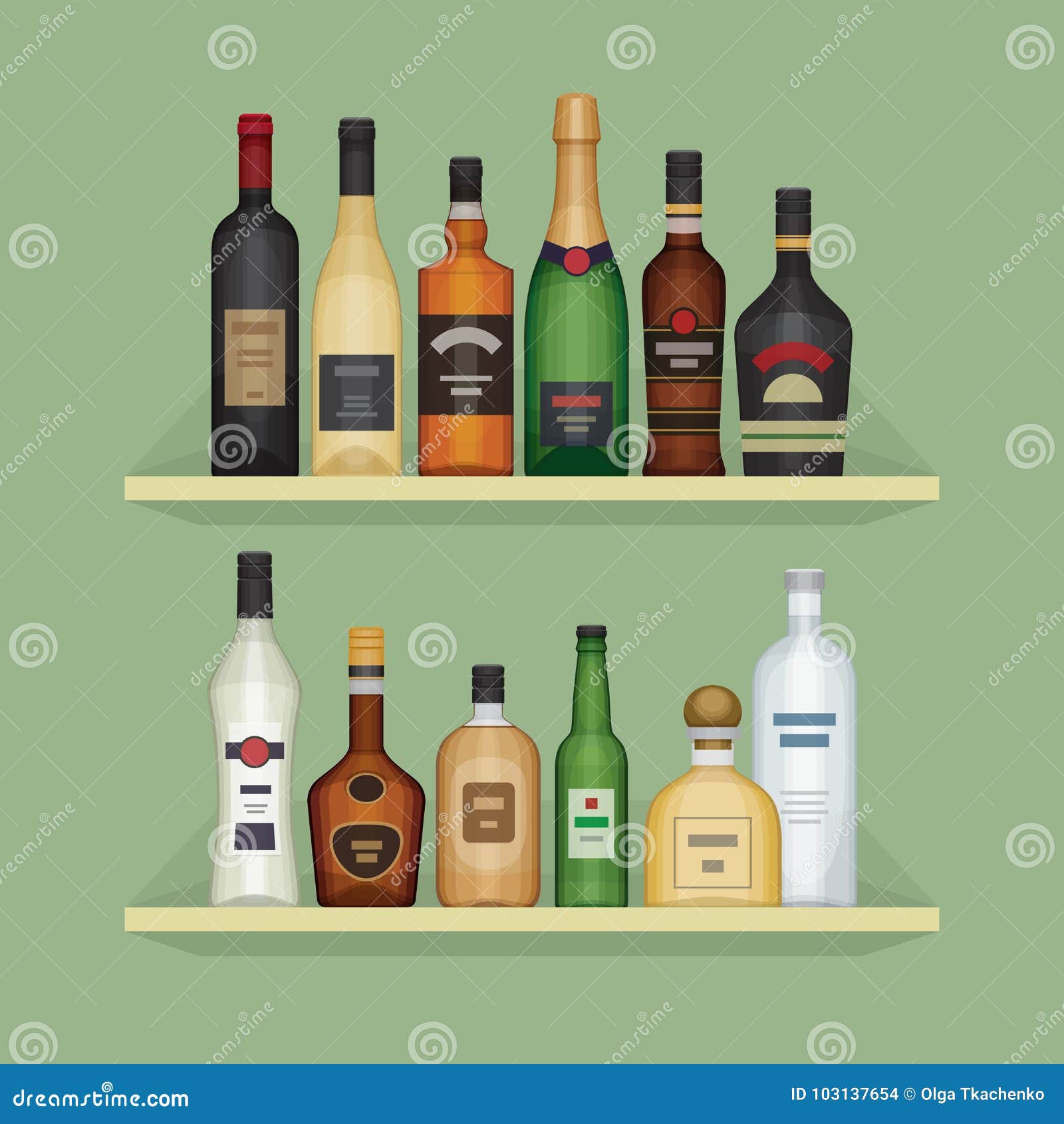 Diversa Botella Del Alcohol El Estante Bebidas Del Alcohol Ilustración del Vector - Ilustración de colorido, tequila: