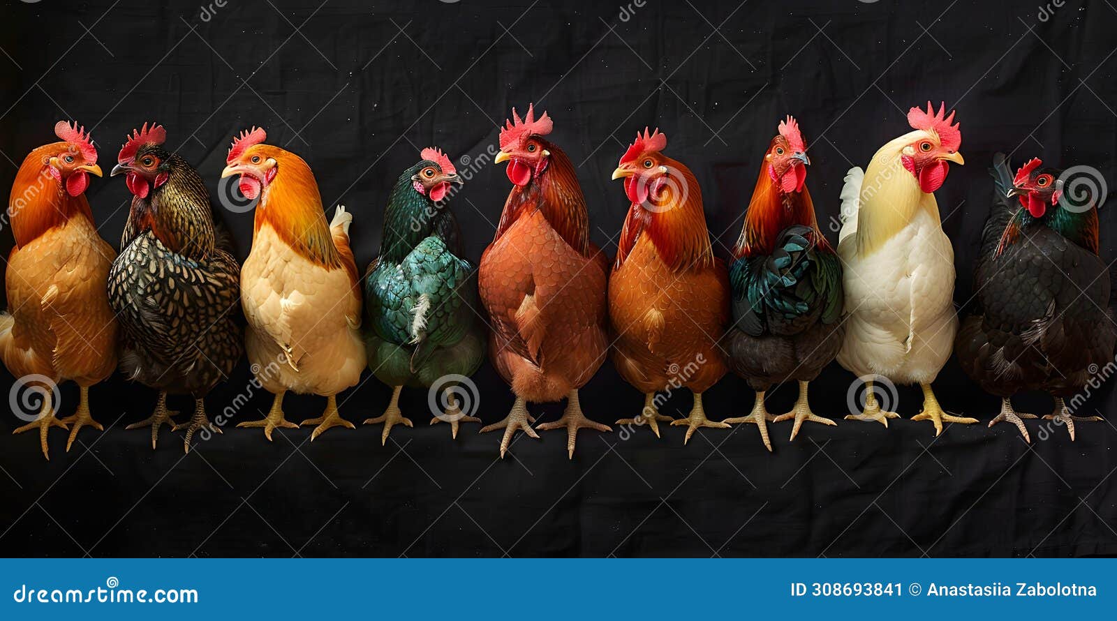 a diverse array of colorful chicken breeds against a black background. concept chicken photography, colorful breeds, black