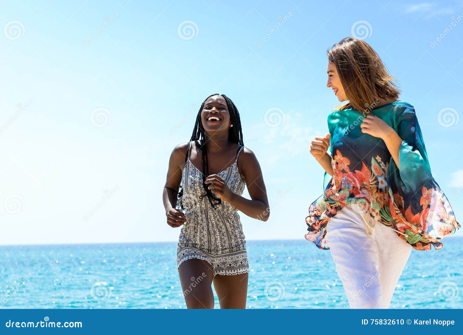 Diverse Girlfriends Having Great Fun on Beach Stock Photo - Image of ...