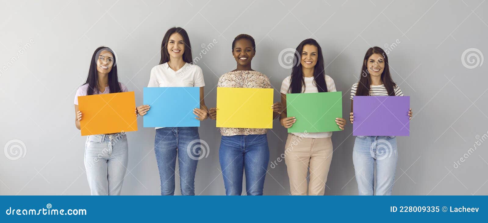 Diverse Group of Happy Young Women Standing Together and Holding Mockup  Paper Banners Stock Image - Image of blank, group: 228009335