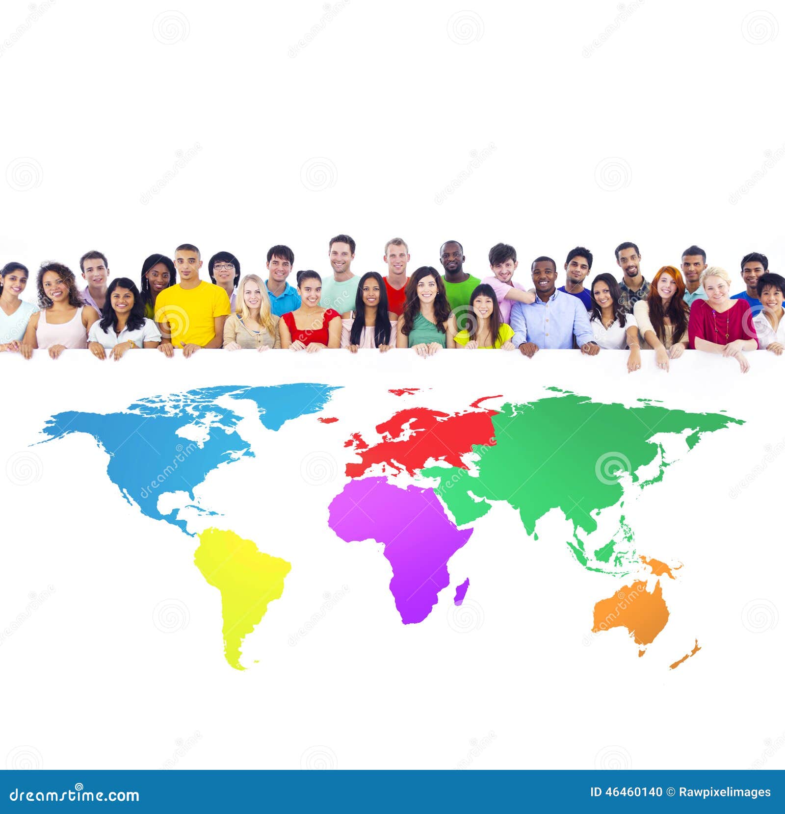 diverse group of people with colourful world map