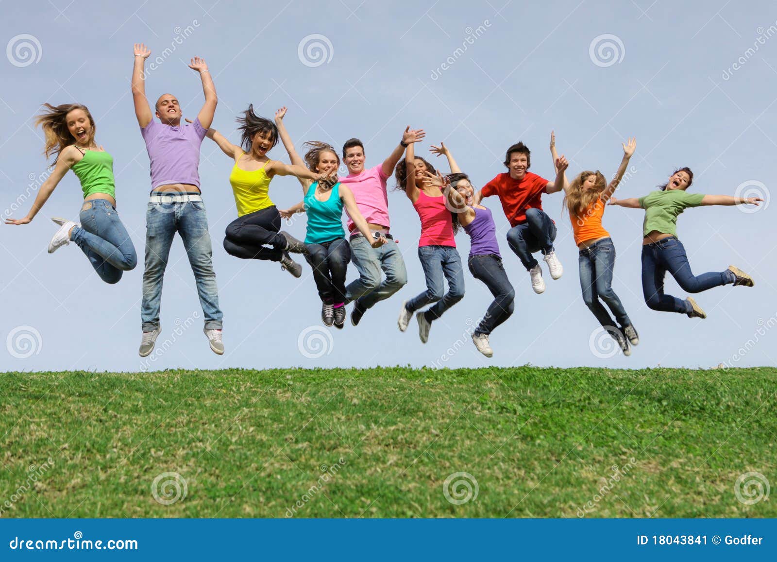 diverse group teens, teenagers jumping