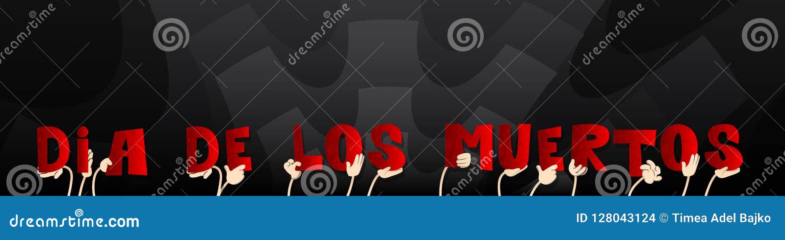 hands holding the word dia de los meurtos day of the dead in spanish.  illustratio