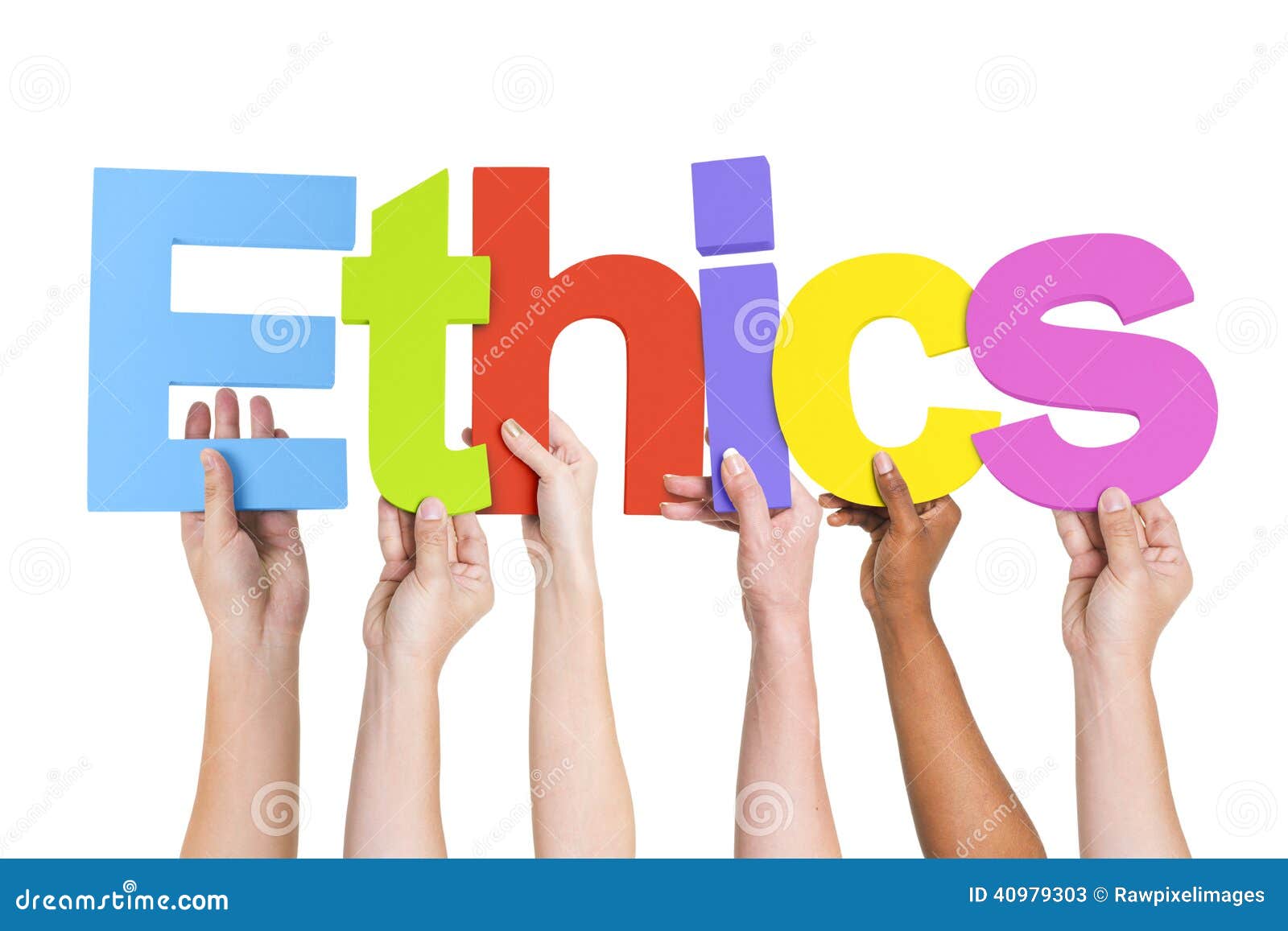 diverse hands holding the word ethics
