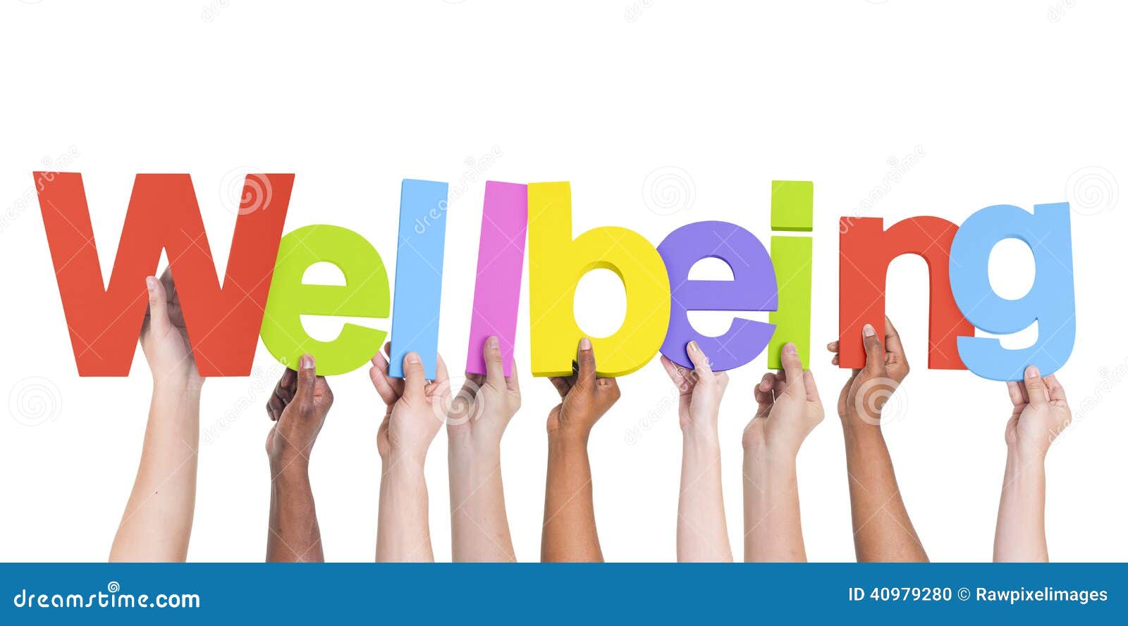 diverse hands holding the word wellbeing