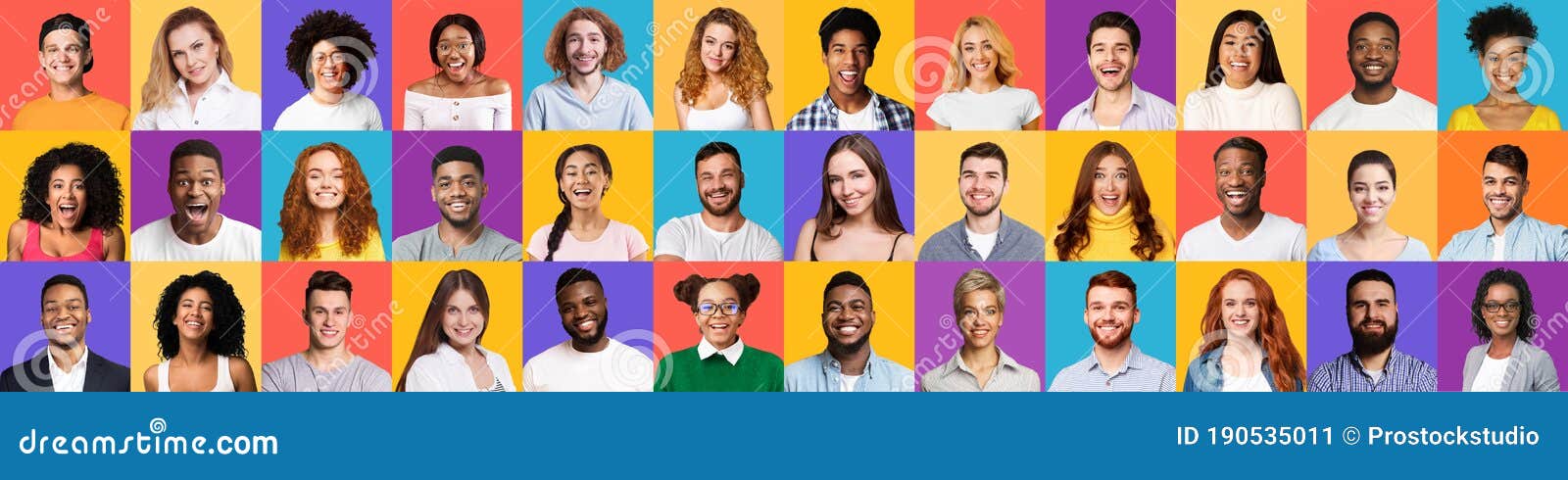 diverse millennial people`s faces smiling on colorful backgrounds, collage, panorama