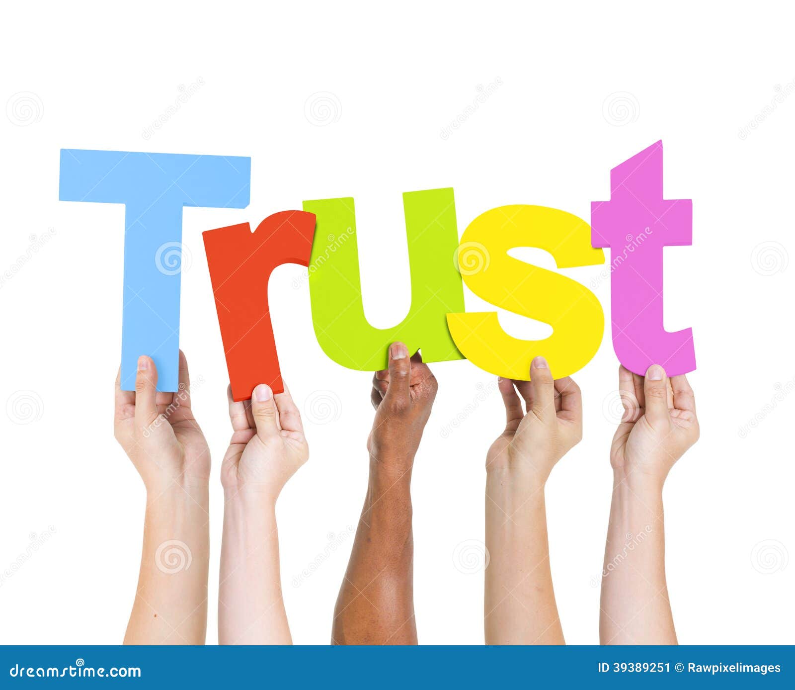 diverse people holding single word trust
