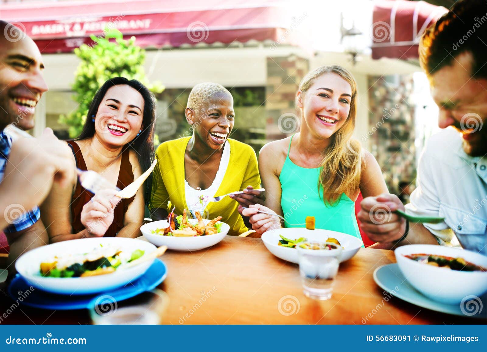 diverse people luncheon outdoors food concept