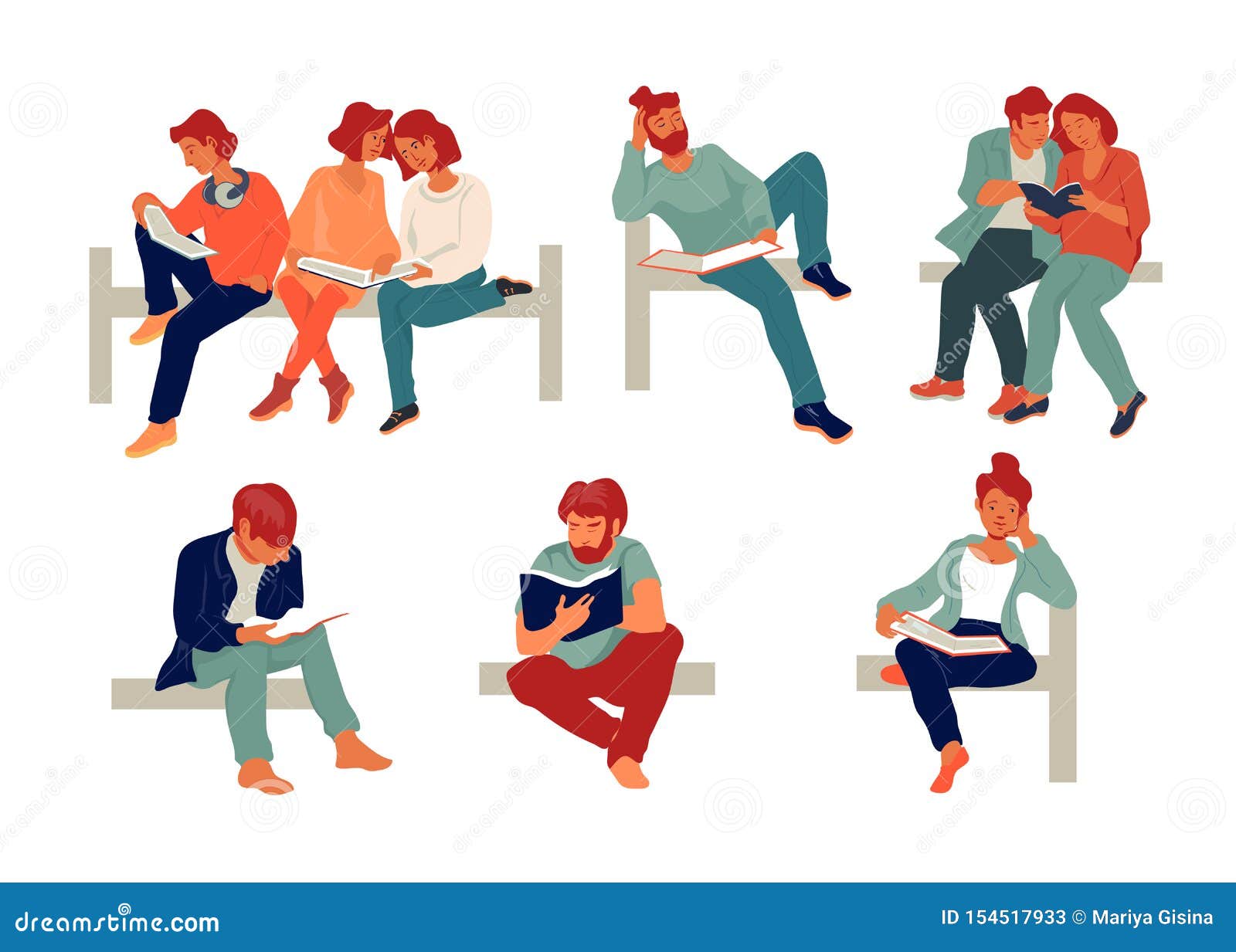 People Reading Books And Studying Set Of Flat Vector Illustration
