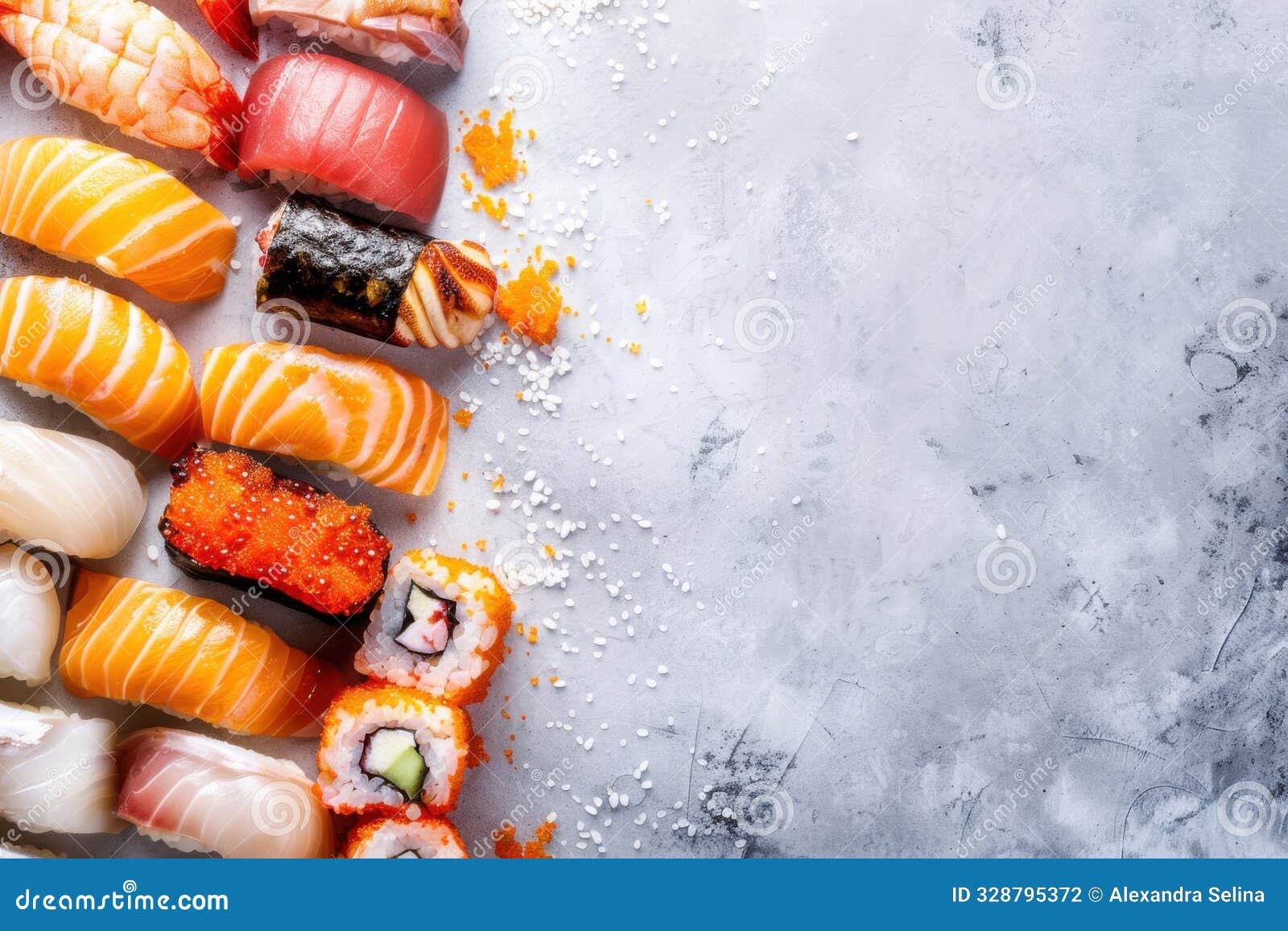 diverse selection of fresh sushi slices arranged on a gray stone surface, copy space. generative ai