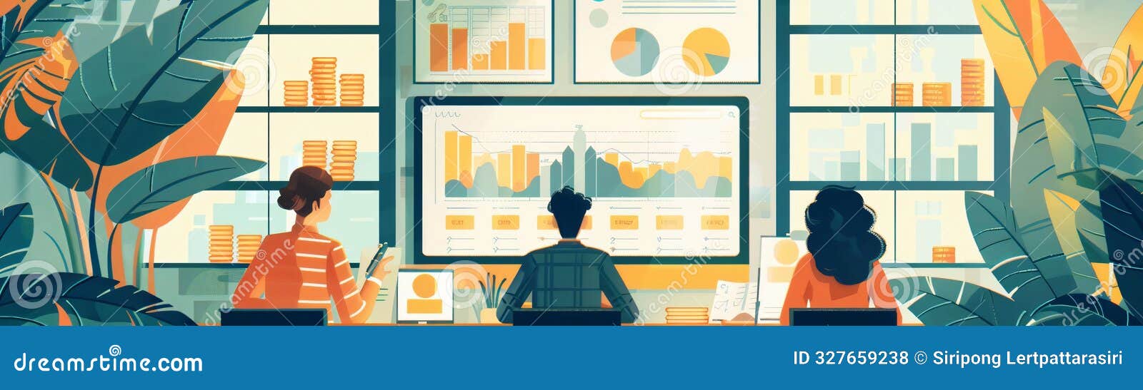 a diverse team analyzing data and graphs on screens, surrounded by greenery, signifying collaboration and modern business insights