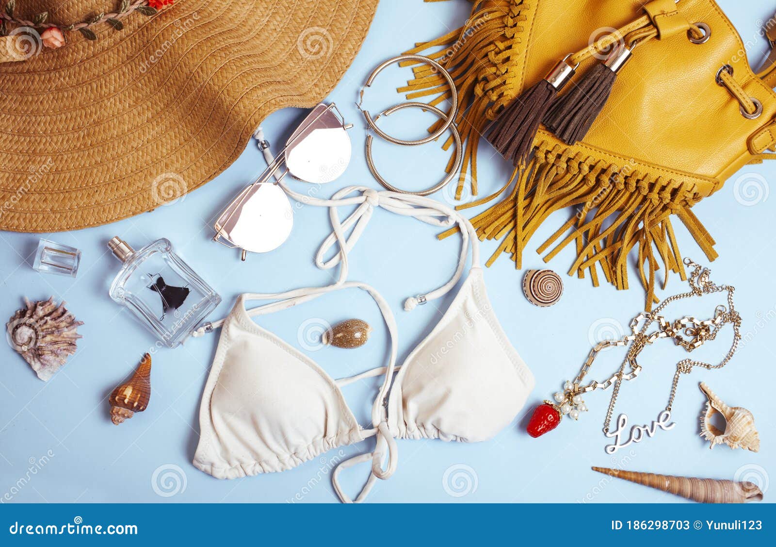 Diverse Travel Girlish Stuff on Colorful Background Blue and Yellow ...