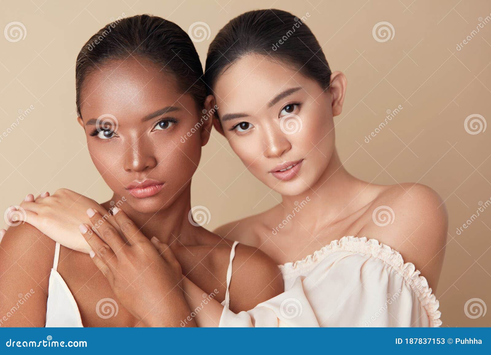 diverse. women beauty portrait. multi-ethnic models with natural makeup and perfect skin against beige background.