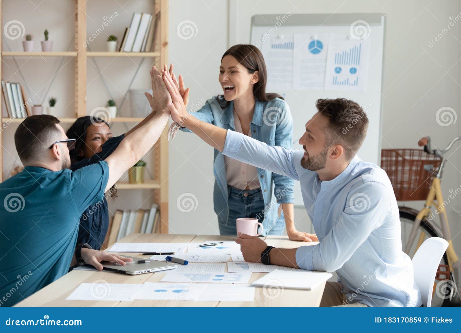 Diverse Workers with Female Mentor, Coach Giving High Five. Stock Image Image of