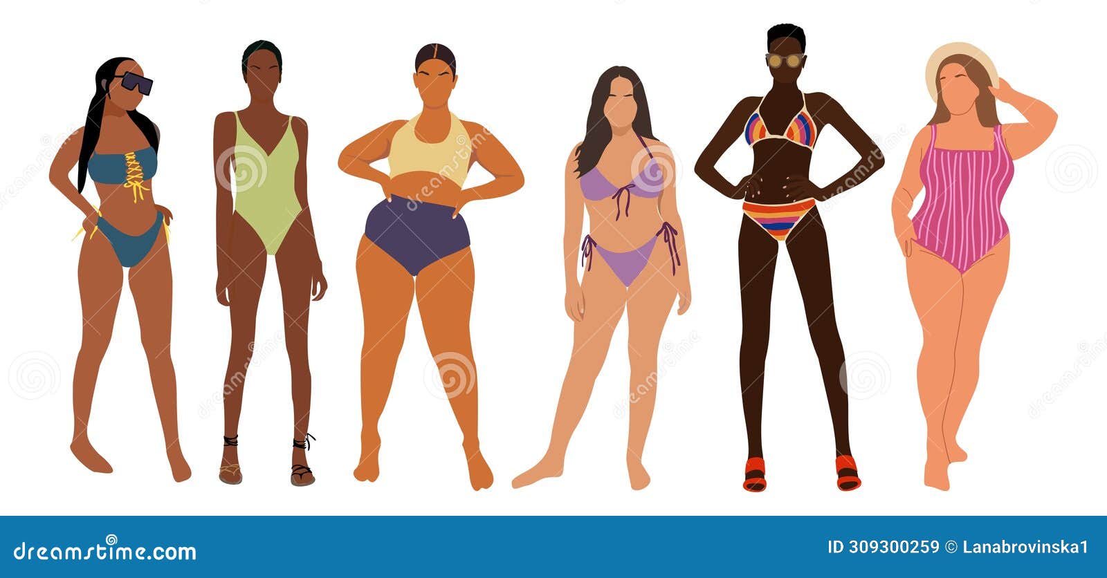 Diverse Young Women in Bikini Vector Set. Stock Vector - Illustration of  underwear, emotion: 309300259