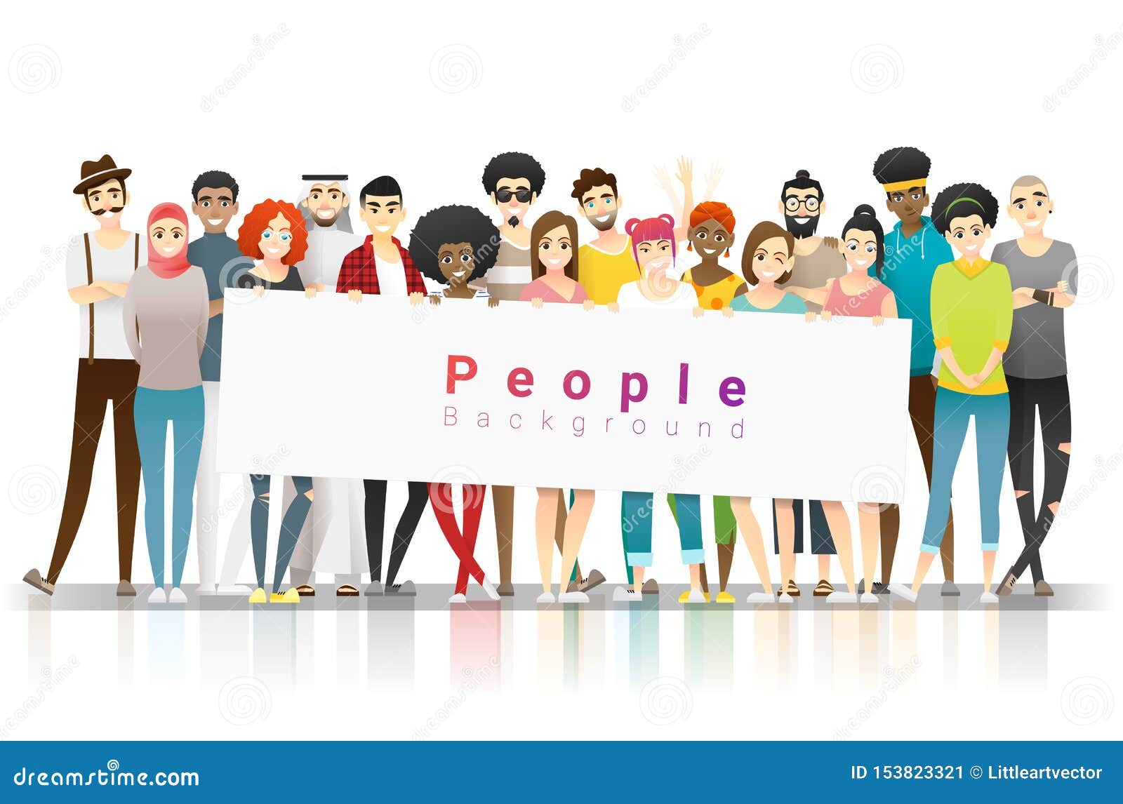 diversity concept background , group of happy multi ethnic people standing together and holding empty banner