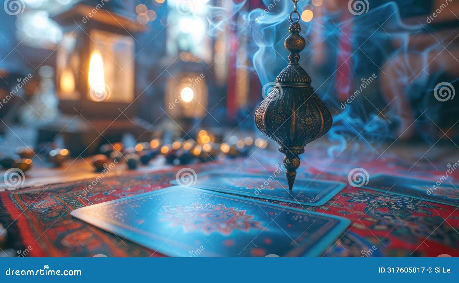 divination tools: cartomancy pendulum on blurred altar with defocused tarot cards and smoke