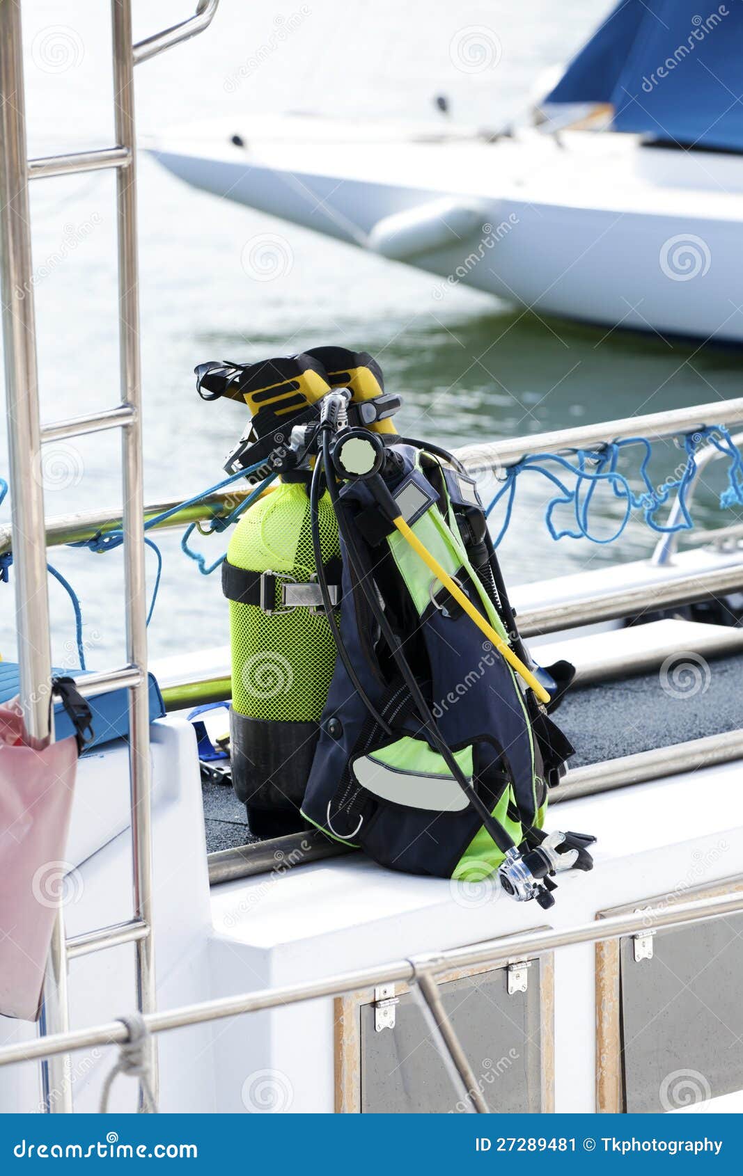 Diving equipment on a boat stock image. Image of fins 27289481