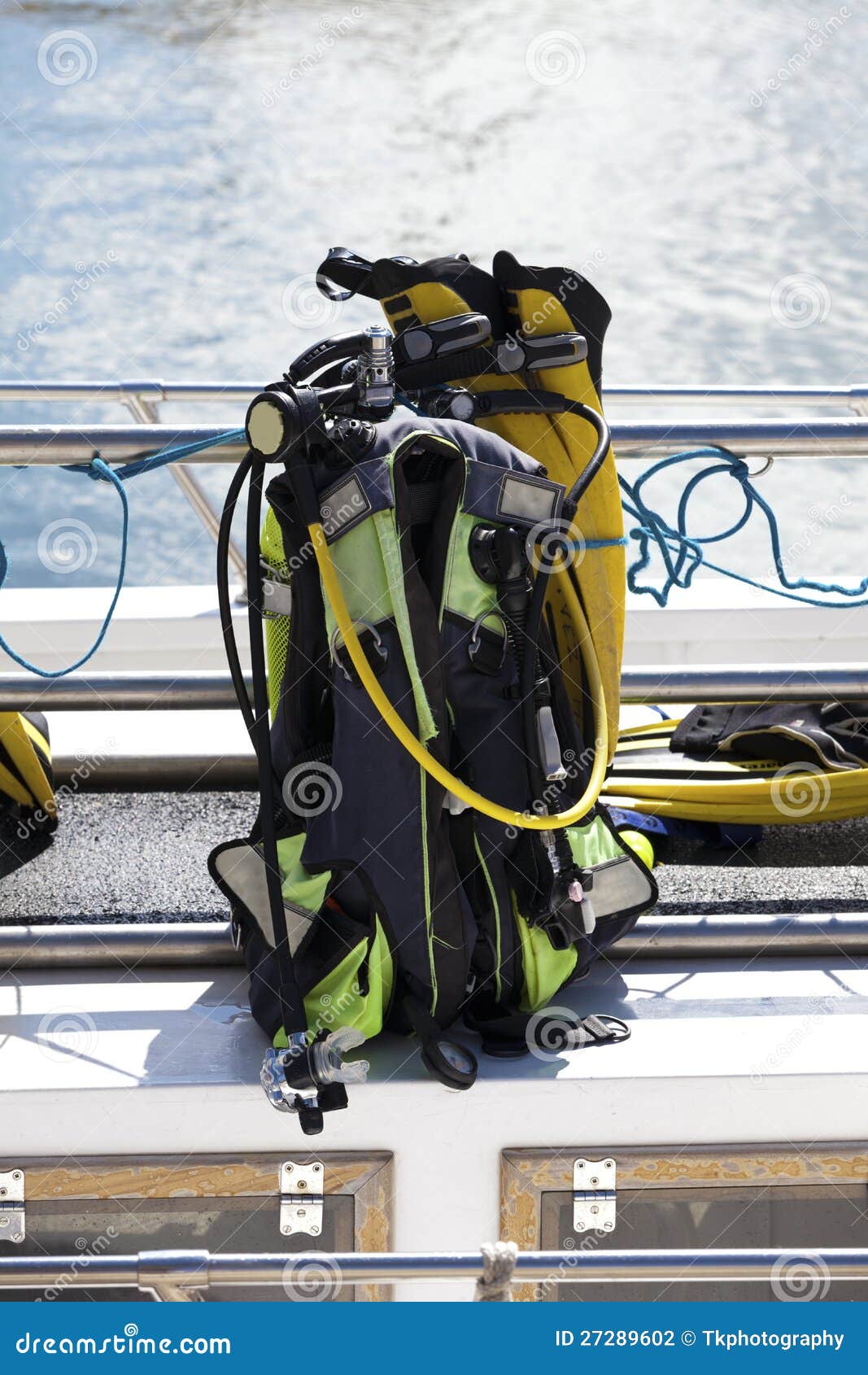 Diving equipment on a boat stock photo. Image of swim 27289602