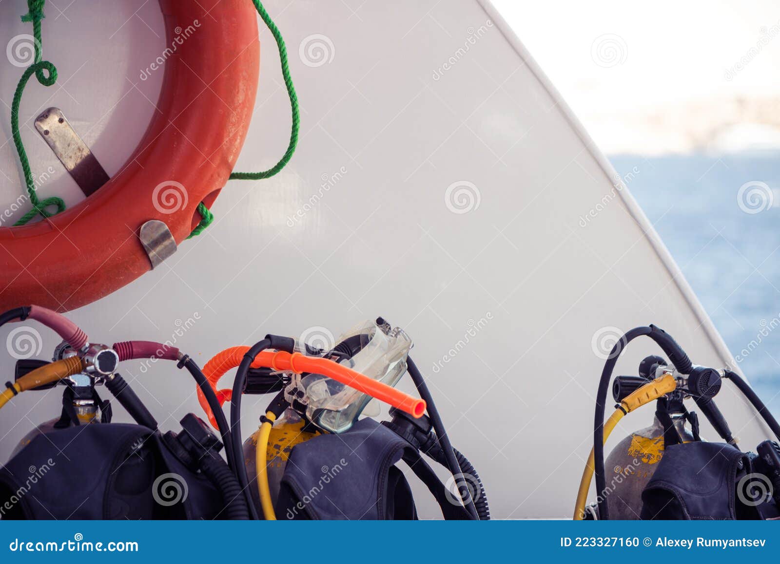 Diving equipment on boat stock photo. Image of detail 223327160