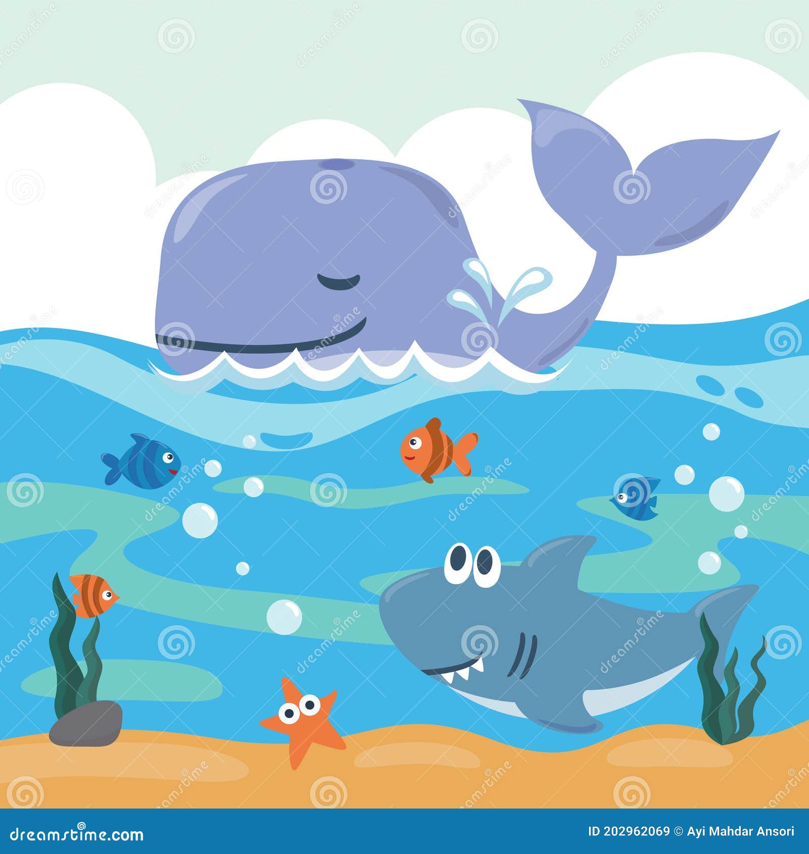 Diving with Funny Whale and Shark with Cartoon Style. Creative Vector  Childish Background for Fabric, Textile, Nursery Wallpaper, Stock Vector -  Illustration of fish, aquatic: 202962069